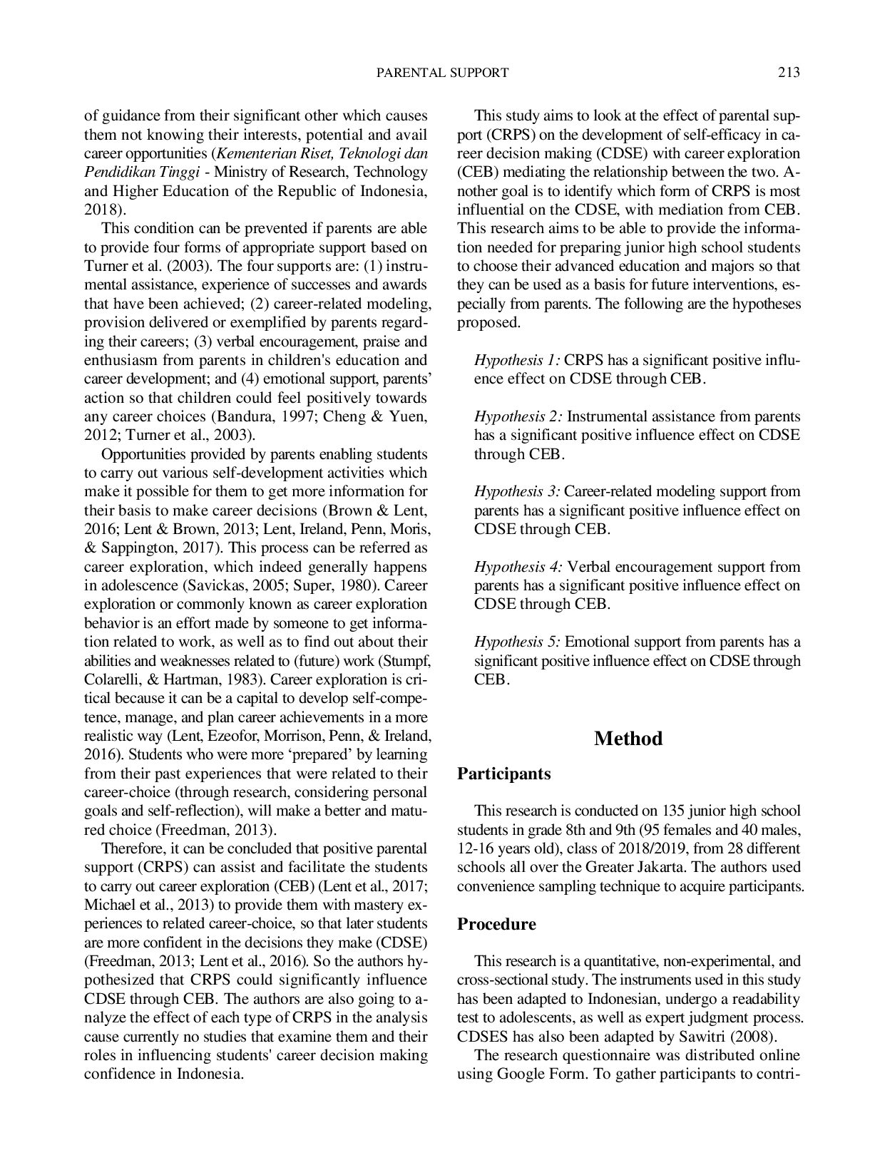 JURIS Parental Support Career Exploration and Career Decision Making Self Efficacy in Junior High School Students