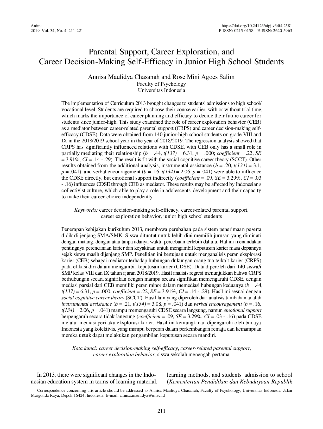 JURIS Parental Support Career Exploration and Career Decision Making Self Efficacy in Junior High School Students