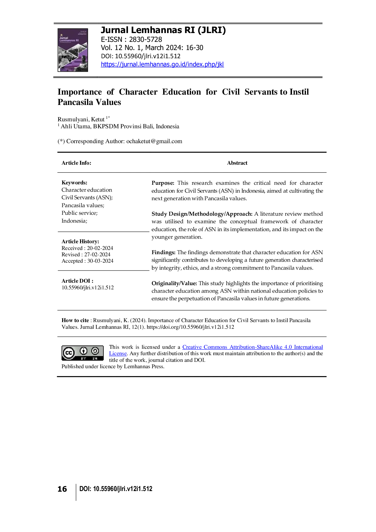 JURIS Importance of Character Education for Civil Servants to Instil Pancasila Values