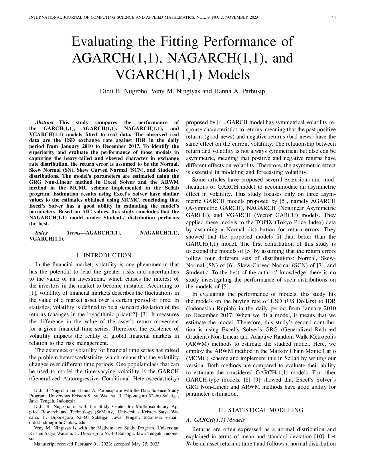 JURIS Evaluating The Fitting Performance Of Agarch 1 1 Nagarch 1 1 And Vgarch 1 1 Models