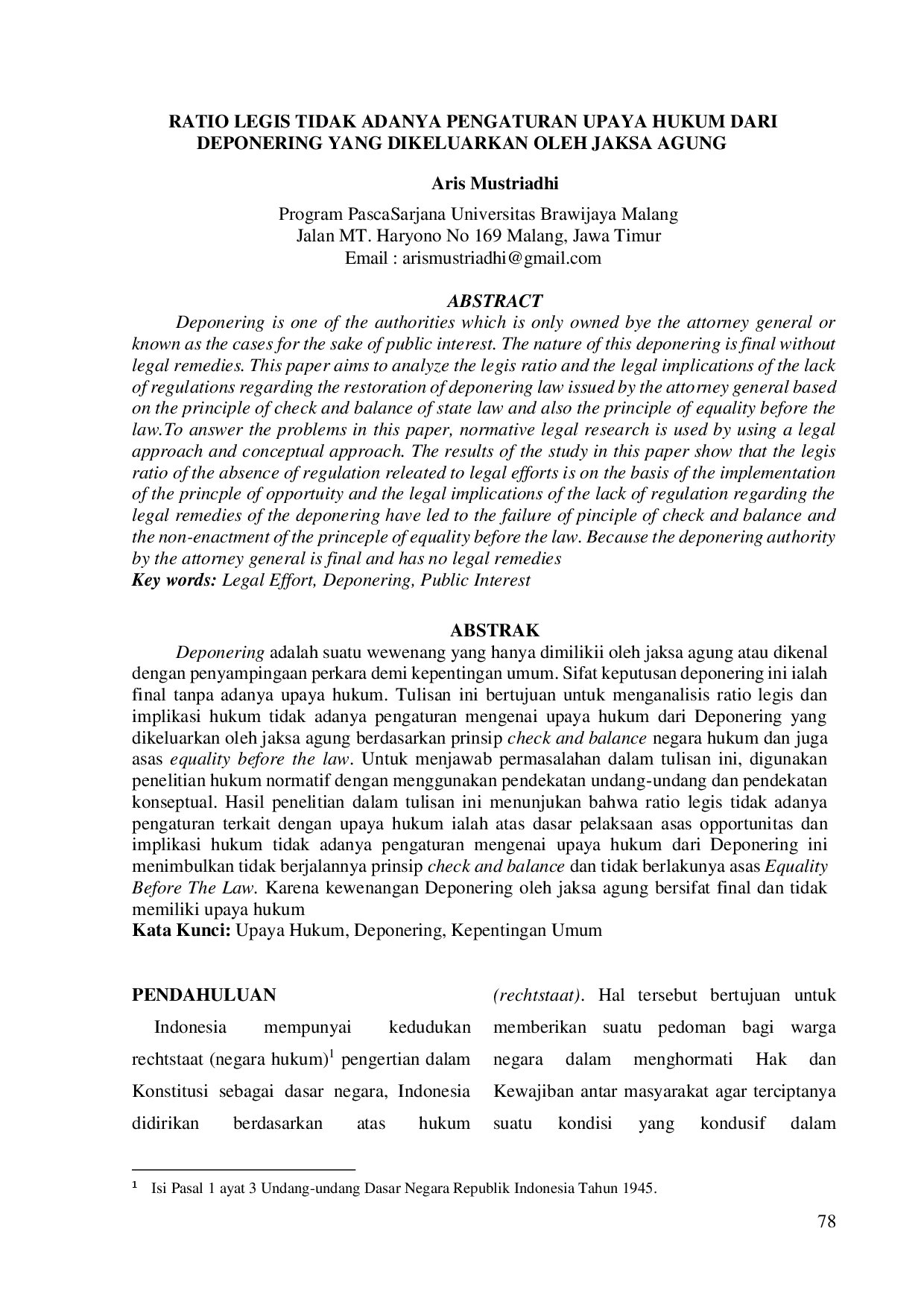 juris Ratio Legis Tidak Adanya Pengaturan Upaya Hukum dari Deponering yang Dikeluarkan oleh Jaksa Agung