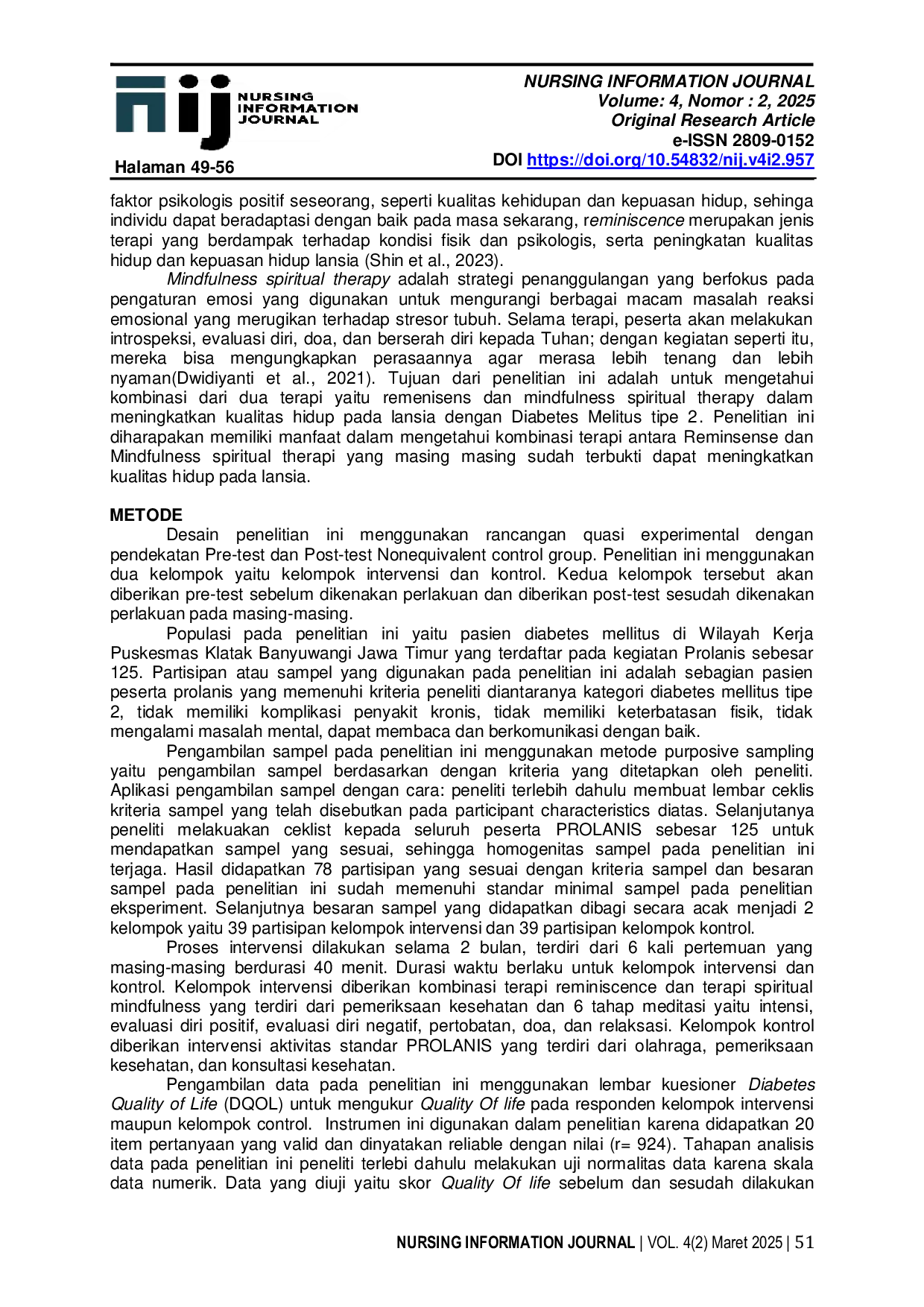JURIS Kombinasi Reminiscence dan Mindfulness Spiritual dalam Meningkatkan Kualitas Hidup pada Pasien Diabetes Mellitus Tipe 2