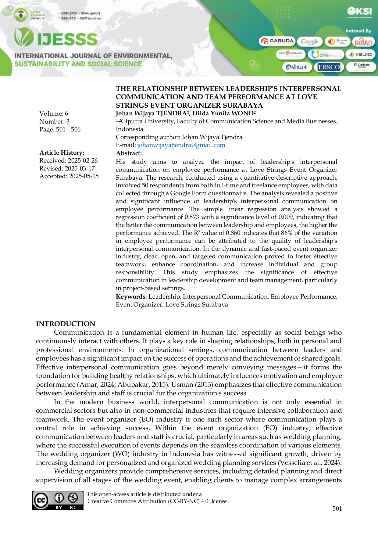 JURIS The Relationship Between Leadership s Interpersonal Communication and Team Performance at Love Strings Event Organizer Surabaya