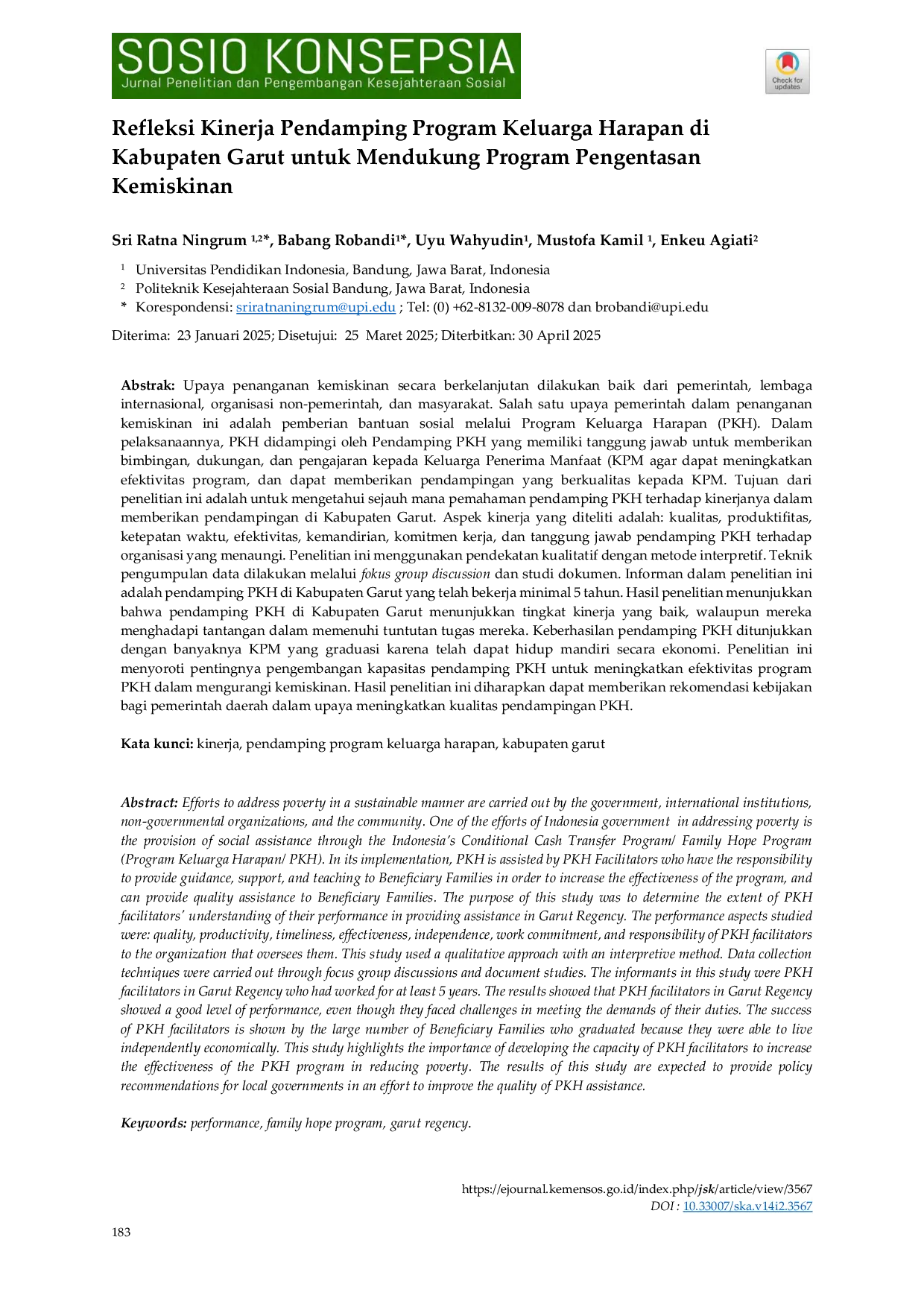 JURIS Refleksi Kinerja Pendamping Program Keluarga Harapan PKH di Kabupaten Garut untuk Mendukung Program Pengentasan Kemiskinan