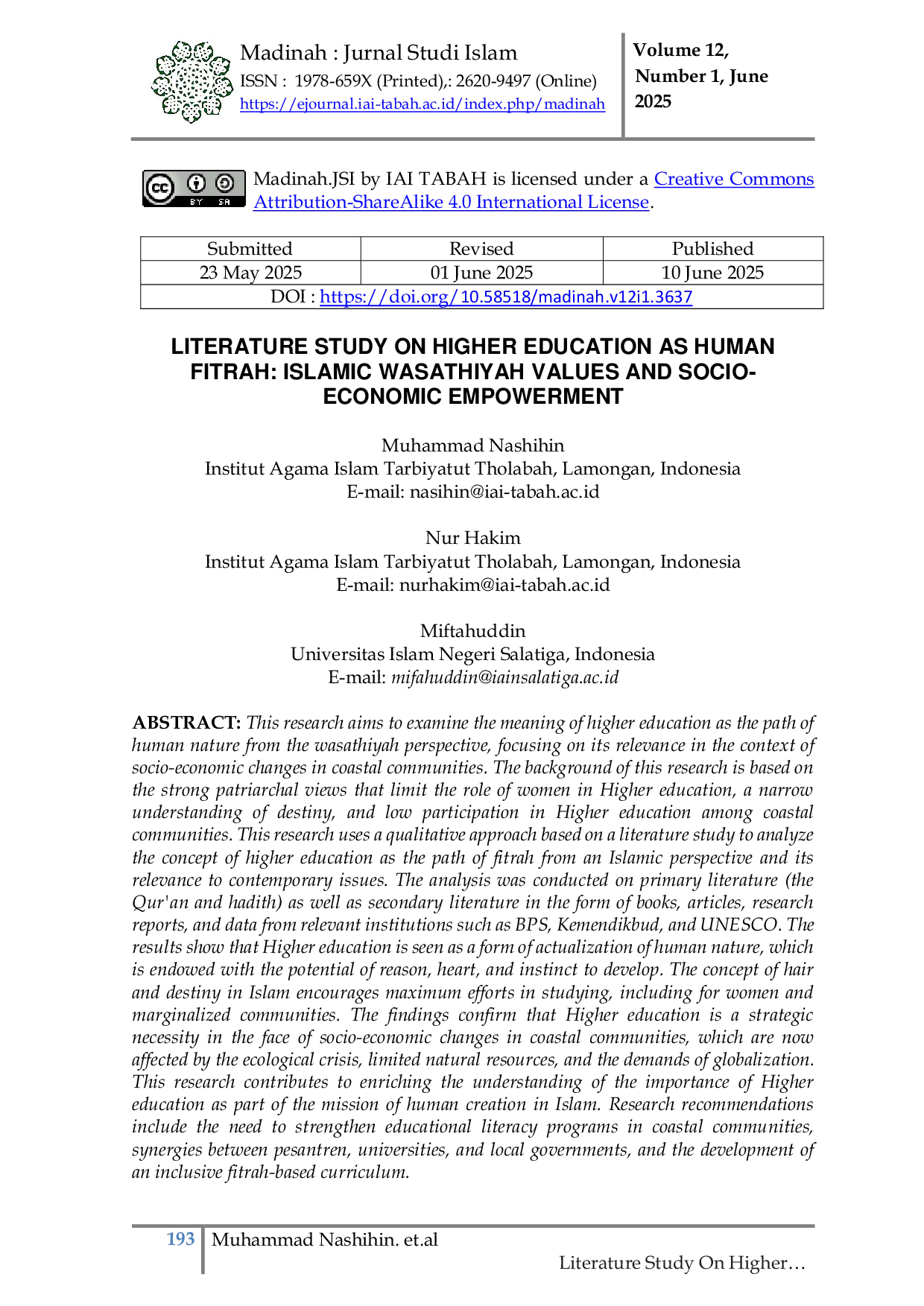 JURIS Literature Study on Higher Education as Human Fitrah Islamic Wasathiyah Values and Socio Economic Empowerment