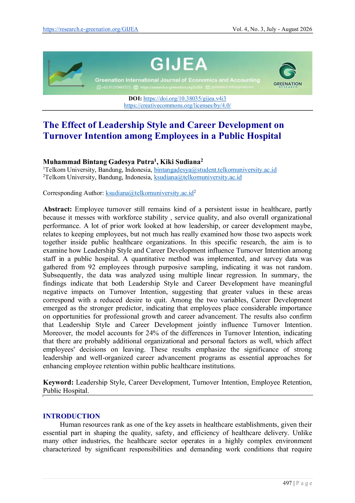 JURIS The Effect of Leadership Style and Career Development on Turnover Intention among Employees in a Public Hospital