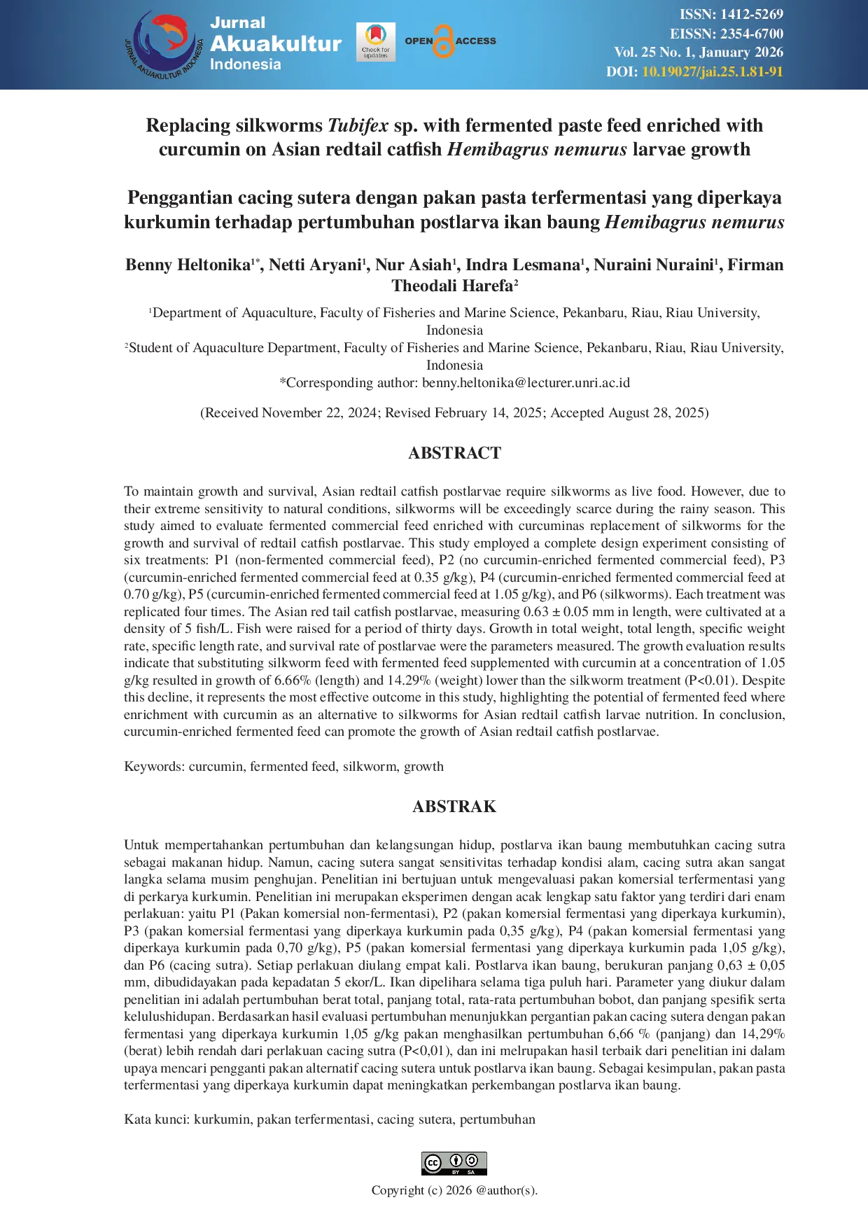 JURIS Replacing silkworms Tubifex sp with fermented paste feed enriched with curcumin on Asian redtail catfish Hemibagrus nemurus larvae growth