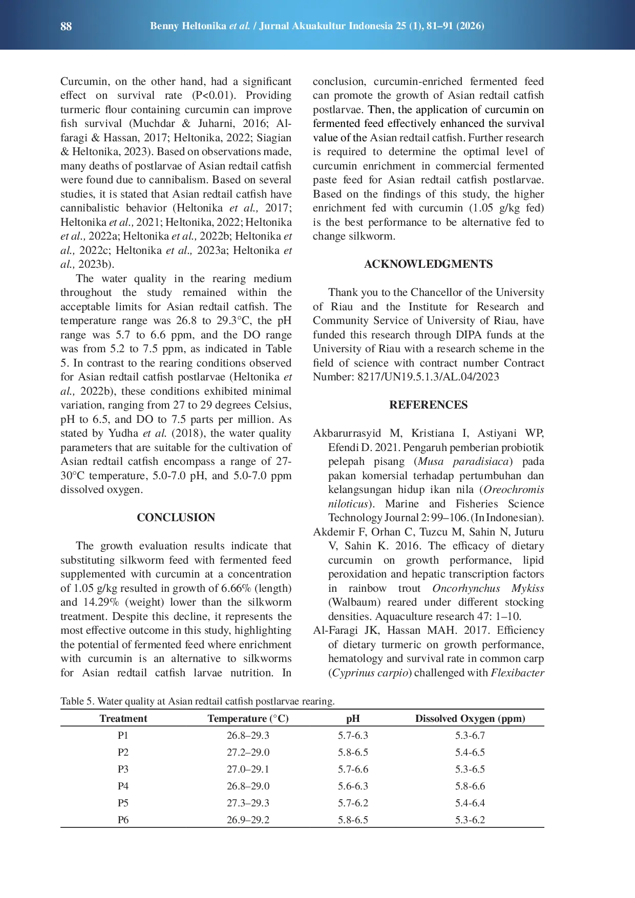 JURIS Replacing silkworms Tubifex sp with fermented paste feed enriched with curcumin on Asian redtail catfish Hemibagrus nemurus larvae growth