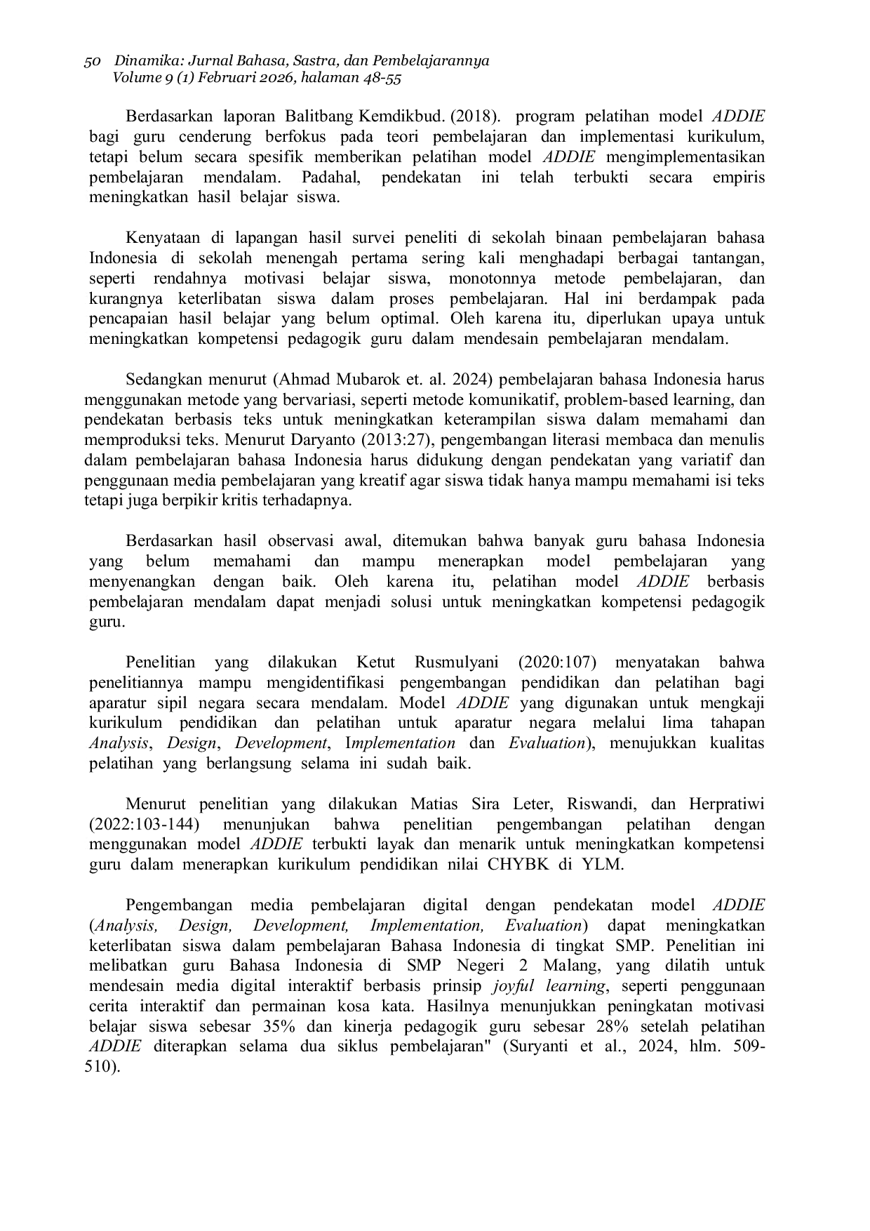 JURIS Peningkatan Kompetensi Pedagogik Guru Bahasa Indonesia Melalui Pelatihan Model ADDIE dalam Mengimplemetasikan Pembelajaran Mendalam