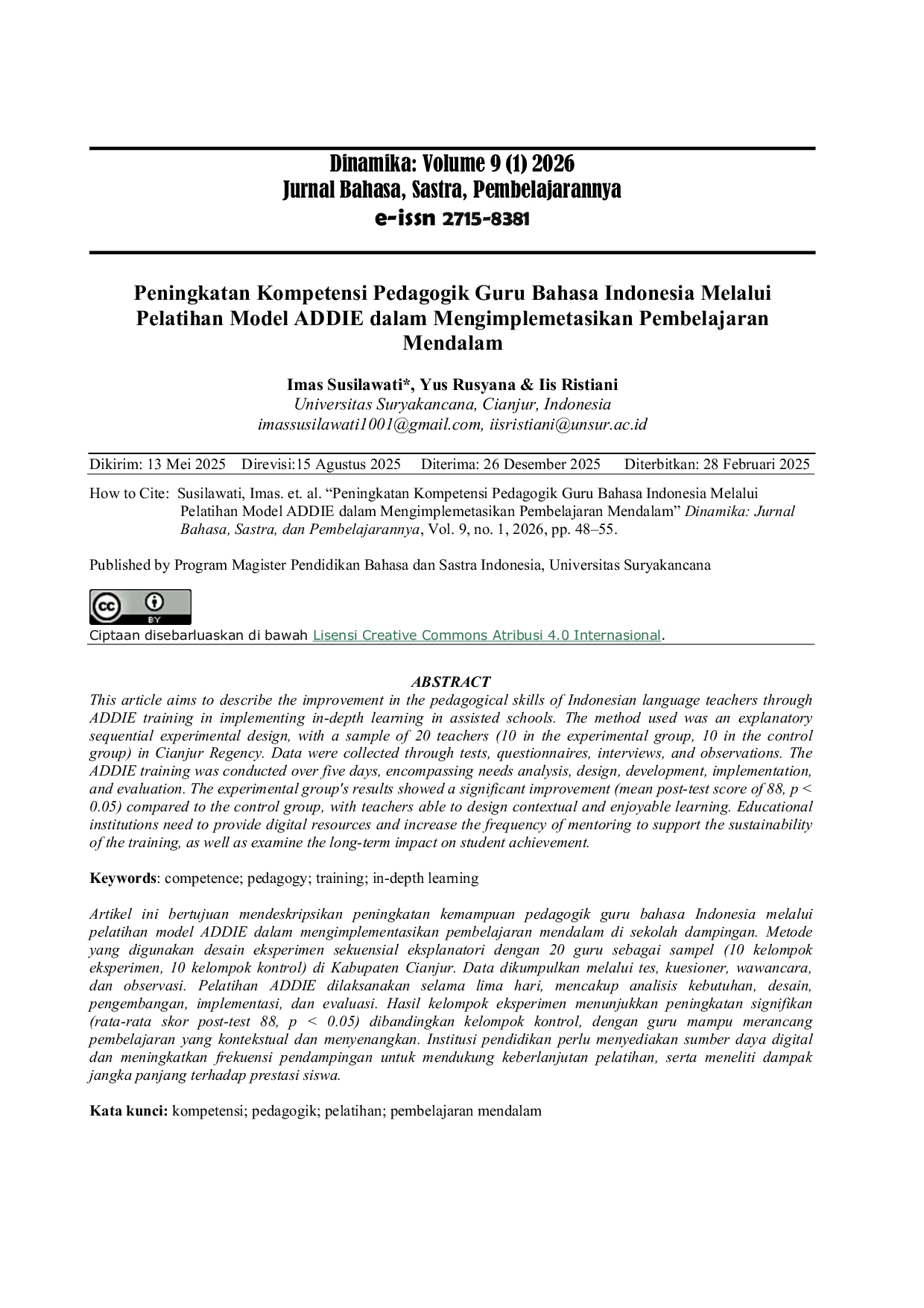 JURIS Peningkatan Kompetensi Pedagogik Guru Bahasa Indonesia Melalui Pelatihan Model ADDIE dalam Mengimplemetasikan Pembelajaran Mendalam