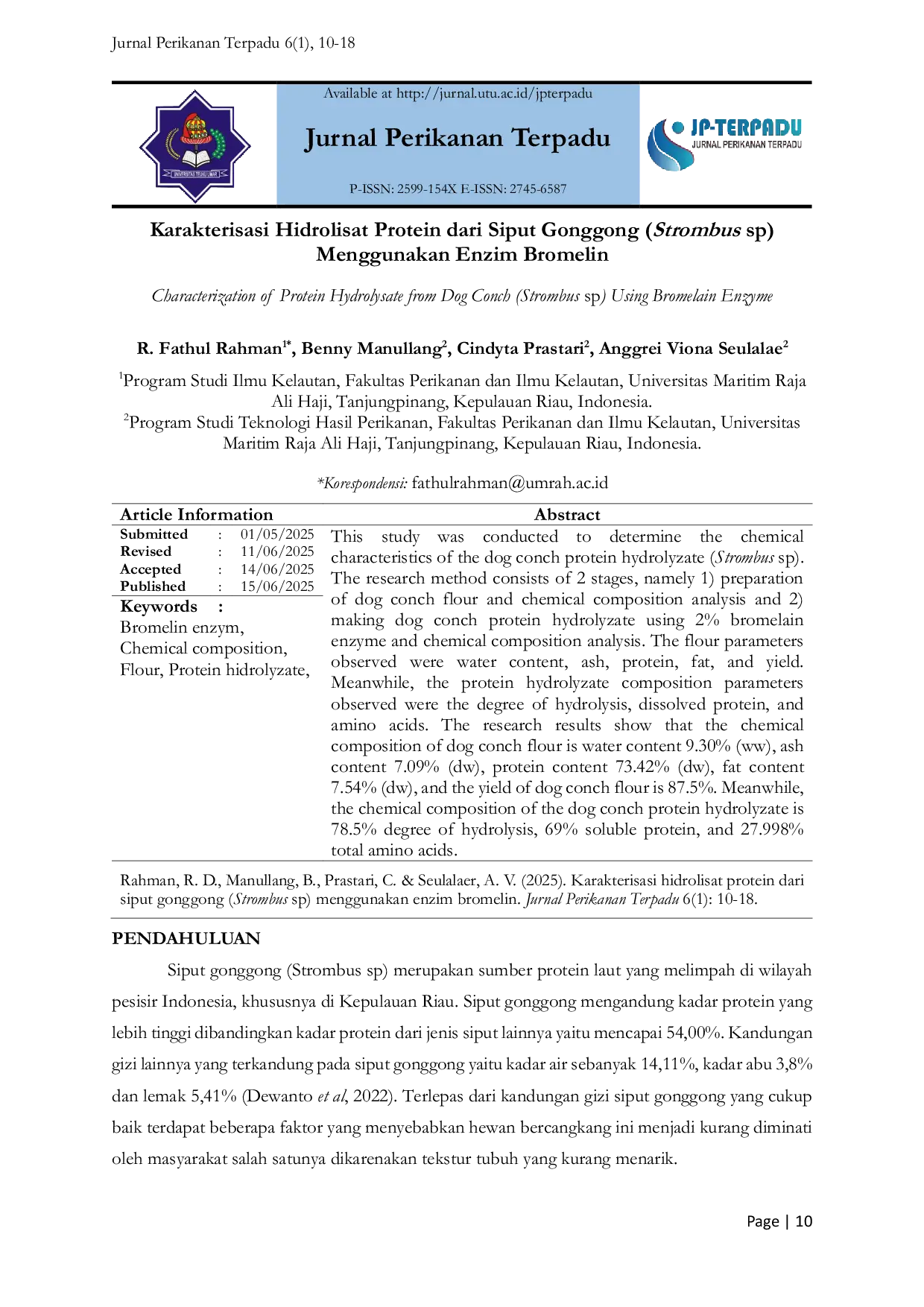 JURIS Characterization of Protein Hydrolysate from Dog Conch Strombus sp Using Bromelain Enzyme