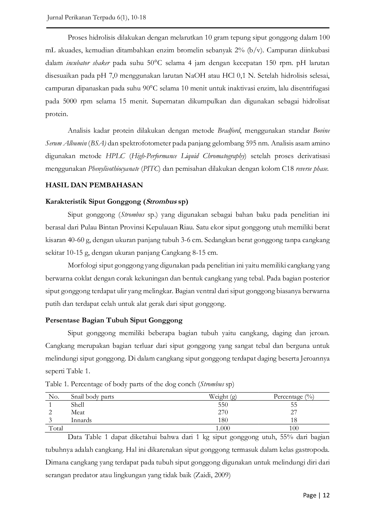 JURIS Characterization of Protein Hydrolysate from Dog Conch Strombus sp Using Bromelain Enzyme