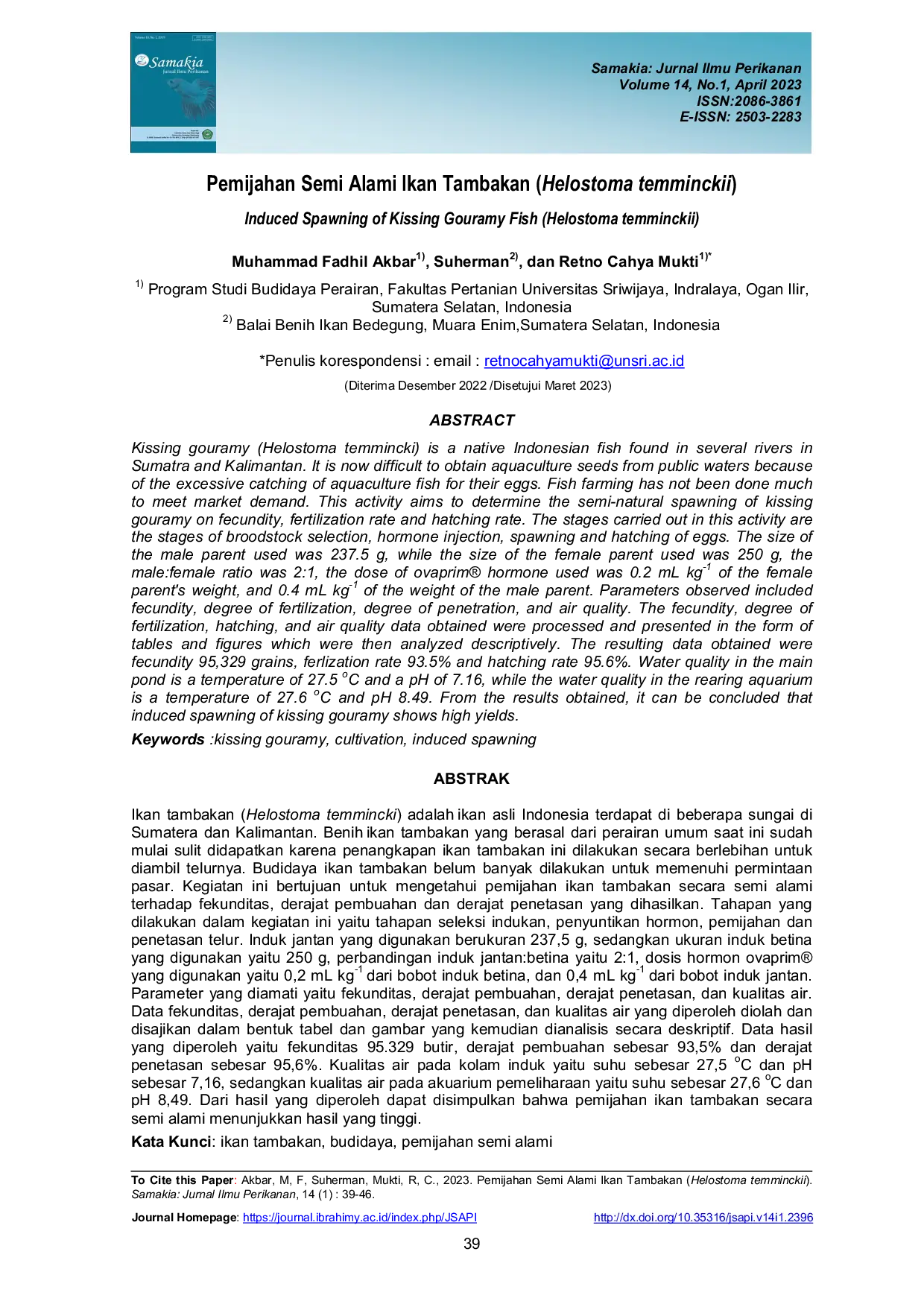 JURIS Pemijahan Semi Alami Ikan Tambakan Helostoma temminckii