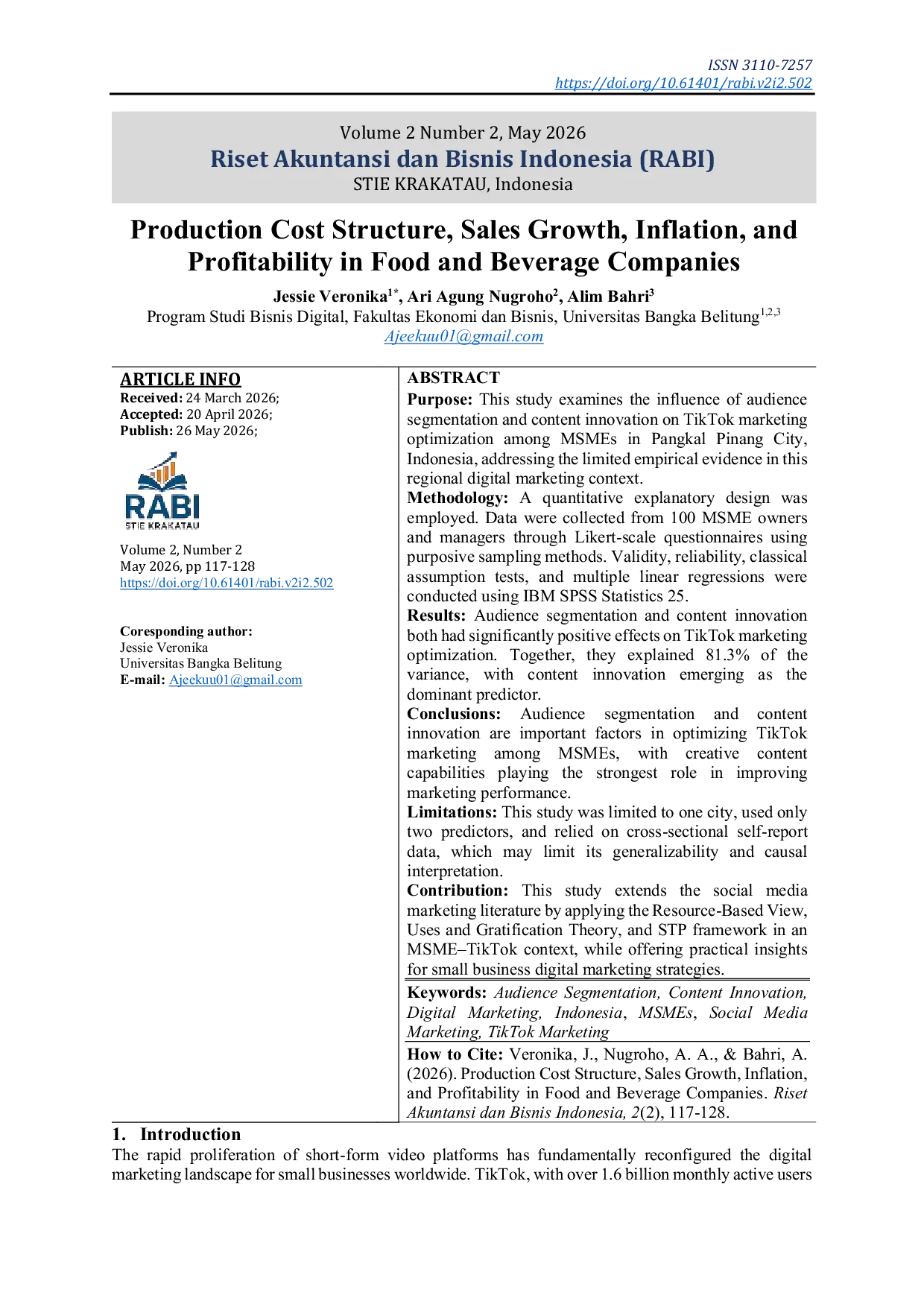 JURIS Production Cost Structure Sales Growth Inflation and Profitability in Food and Beverage Companies