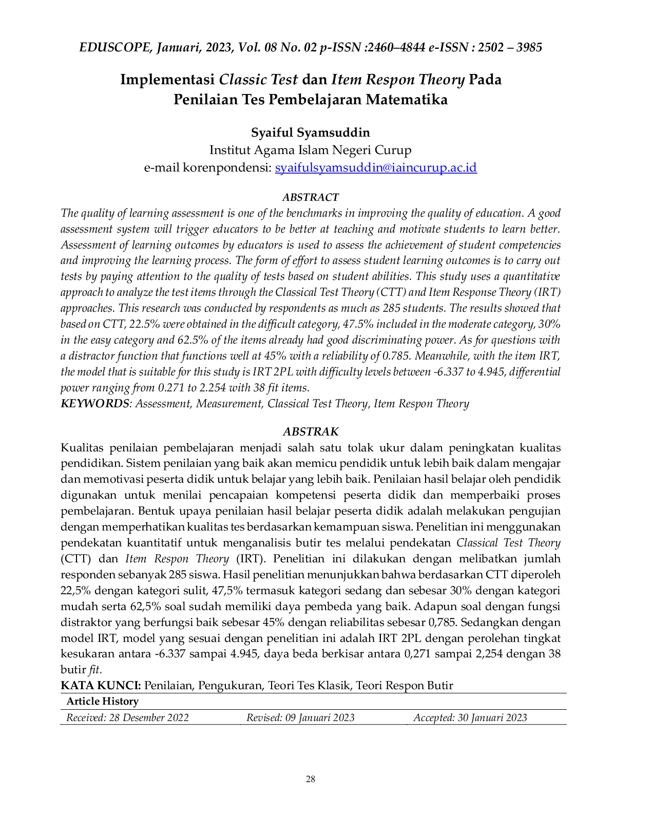 JURIS Implementasi Classic Test dan Item Respon Theory Pada Penilaian Tes Pembelajaran Matematika