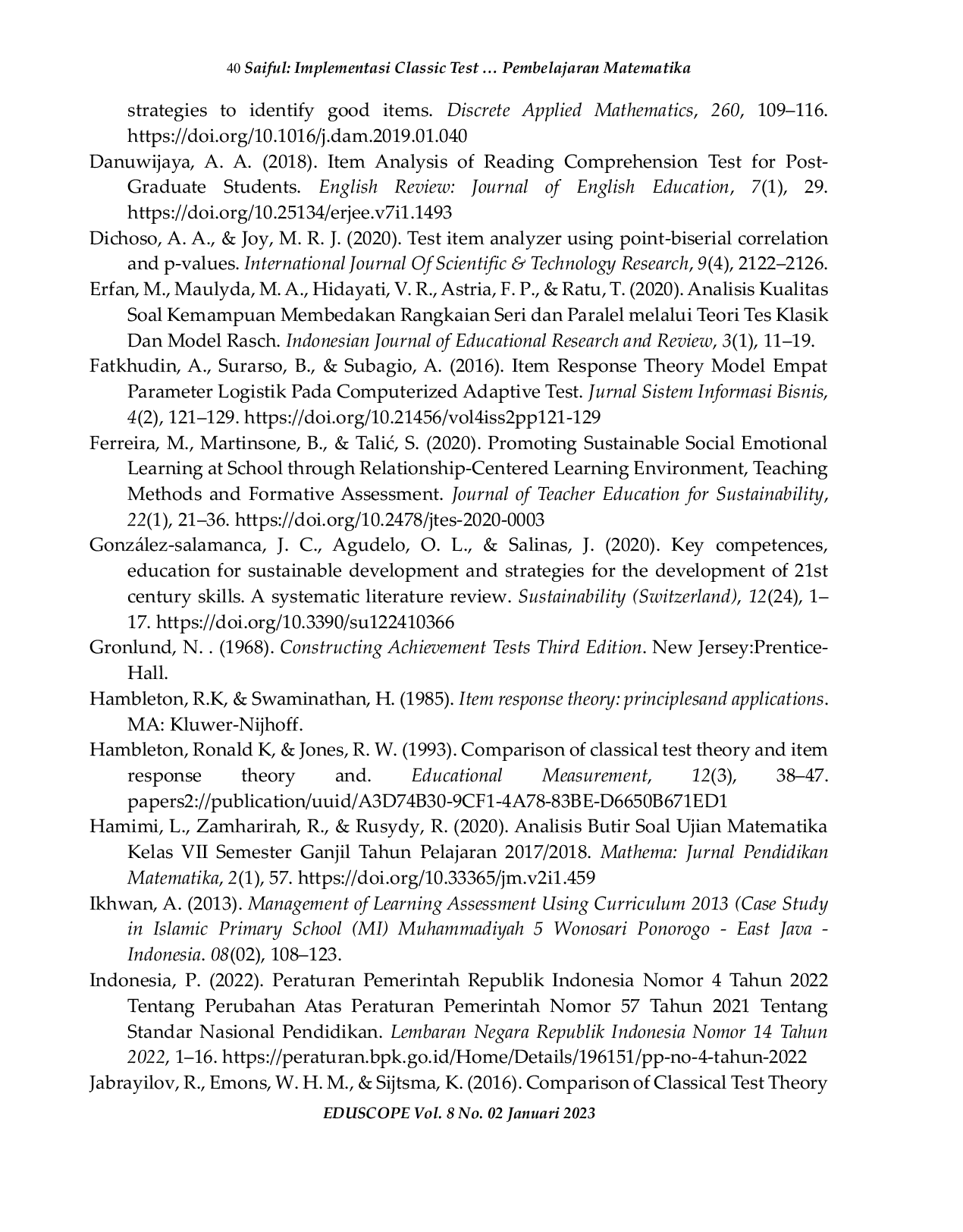 JURIS Implementasi Classic Test dan Item Respon Theory Pada Penilaian Tes Pembelajaran Matematika