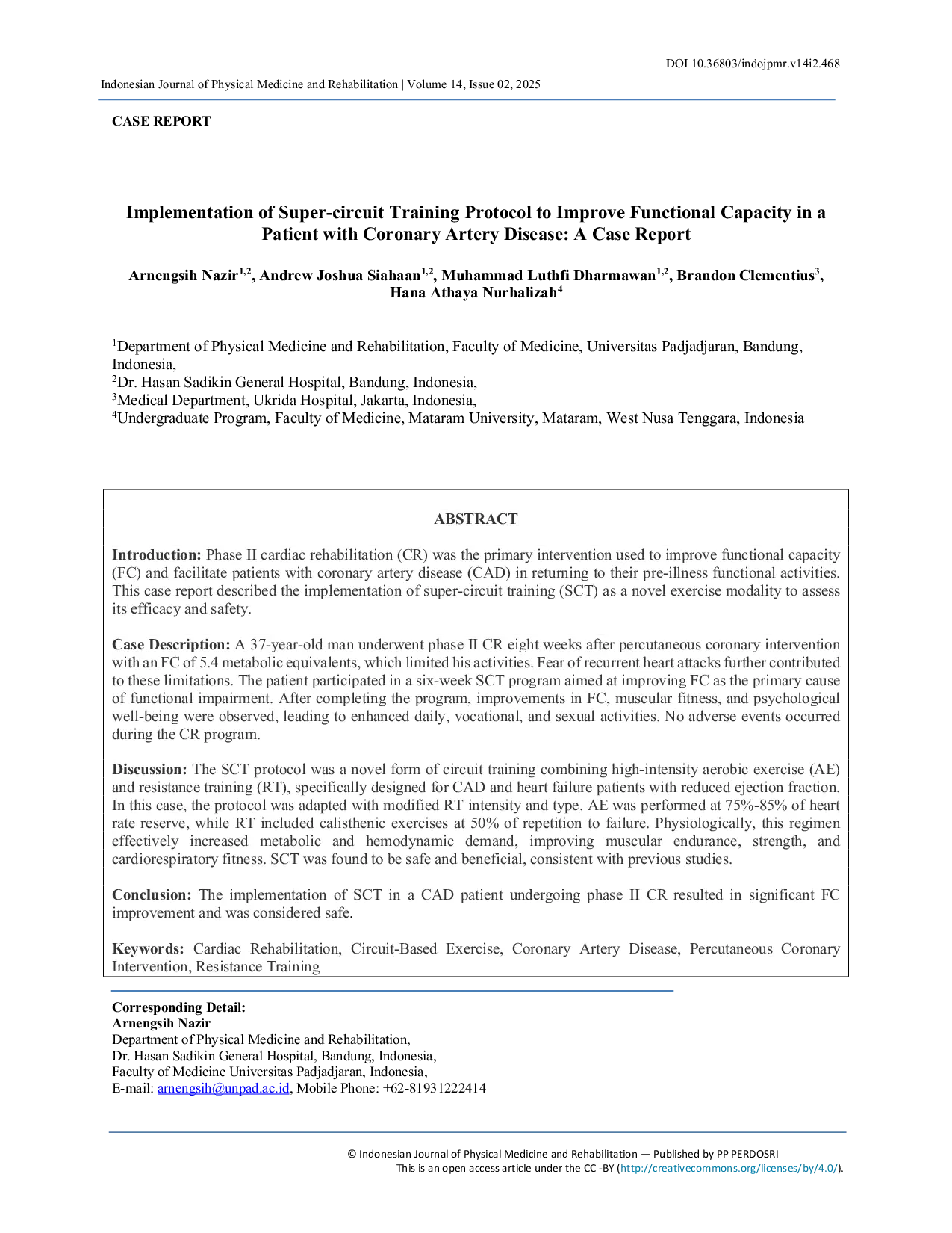JURIS Implementation of Super circuit Training Protocol to Improve Functional Capacity in A Patient with Coronary Artery Disease A Case Report