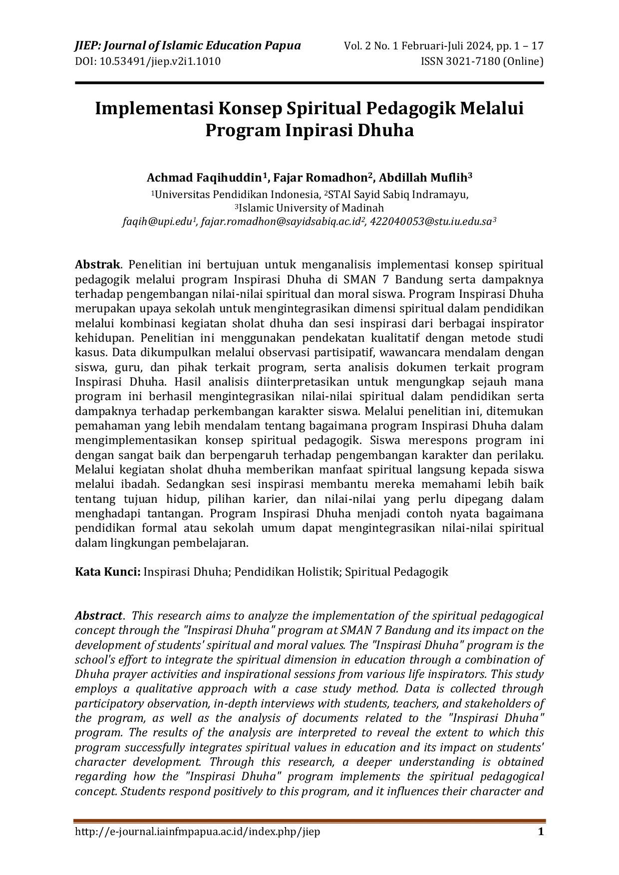 JURIS Implementasi Konsep Spiritual Pedagogik Melalui Program Inpirasi Dhuha