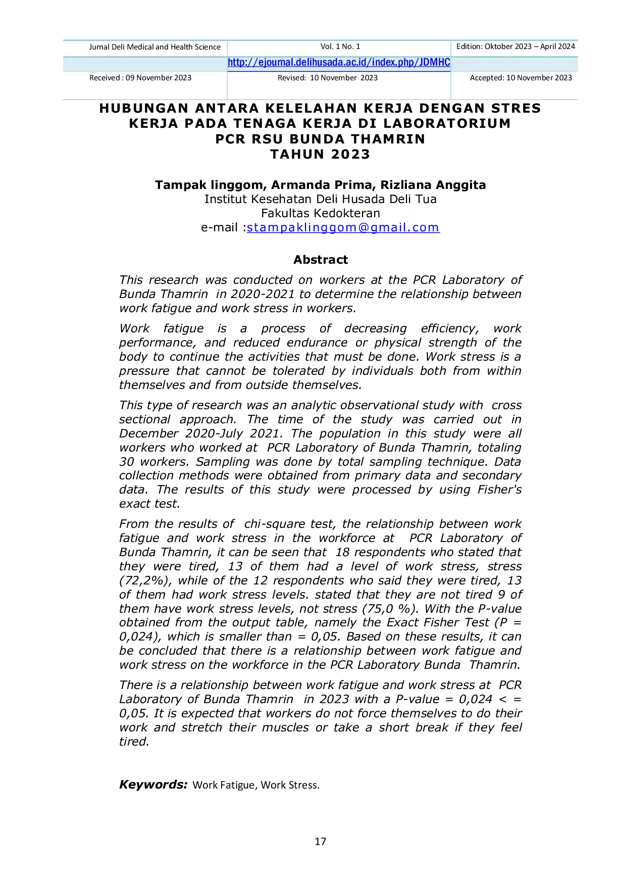 JURIS Hubungan Antara Kelelahan Kerja Dengan Stres Kerja Pada Tenaga Kerja Di Laboratorium PCR RSU Bunda Thamrin Tahun 2023