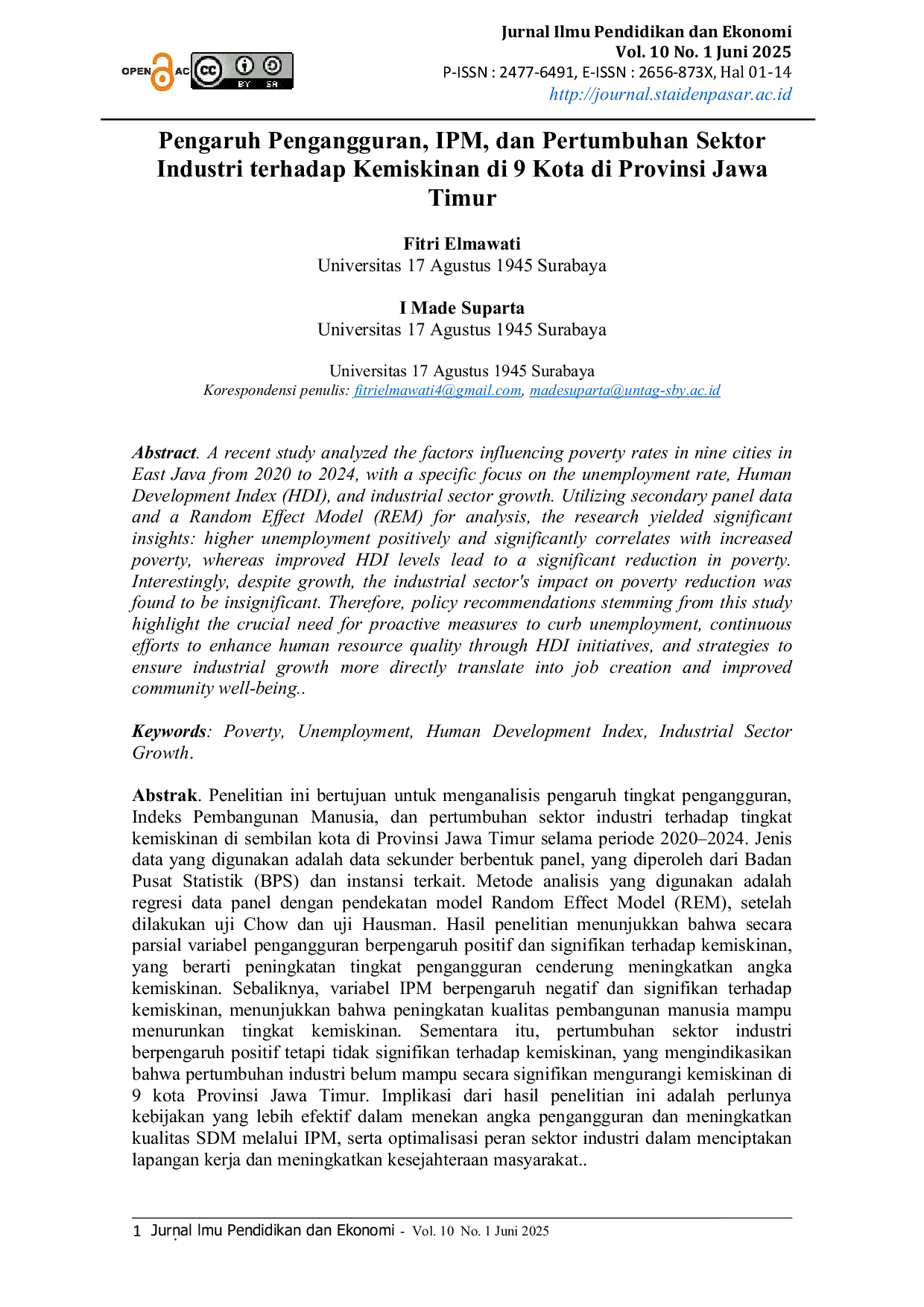 JURIS Pengaruh Pengangguran IPM dan Pertumbuhan Sektor Industri terhadap Kemiskinan di 9 Kota di Provinsi Jawa Timur