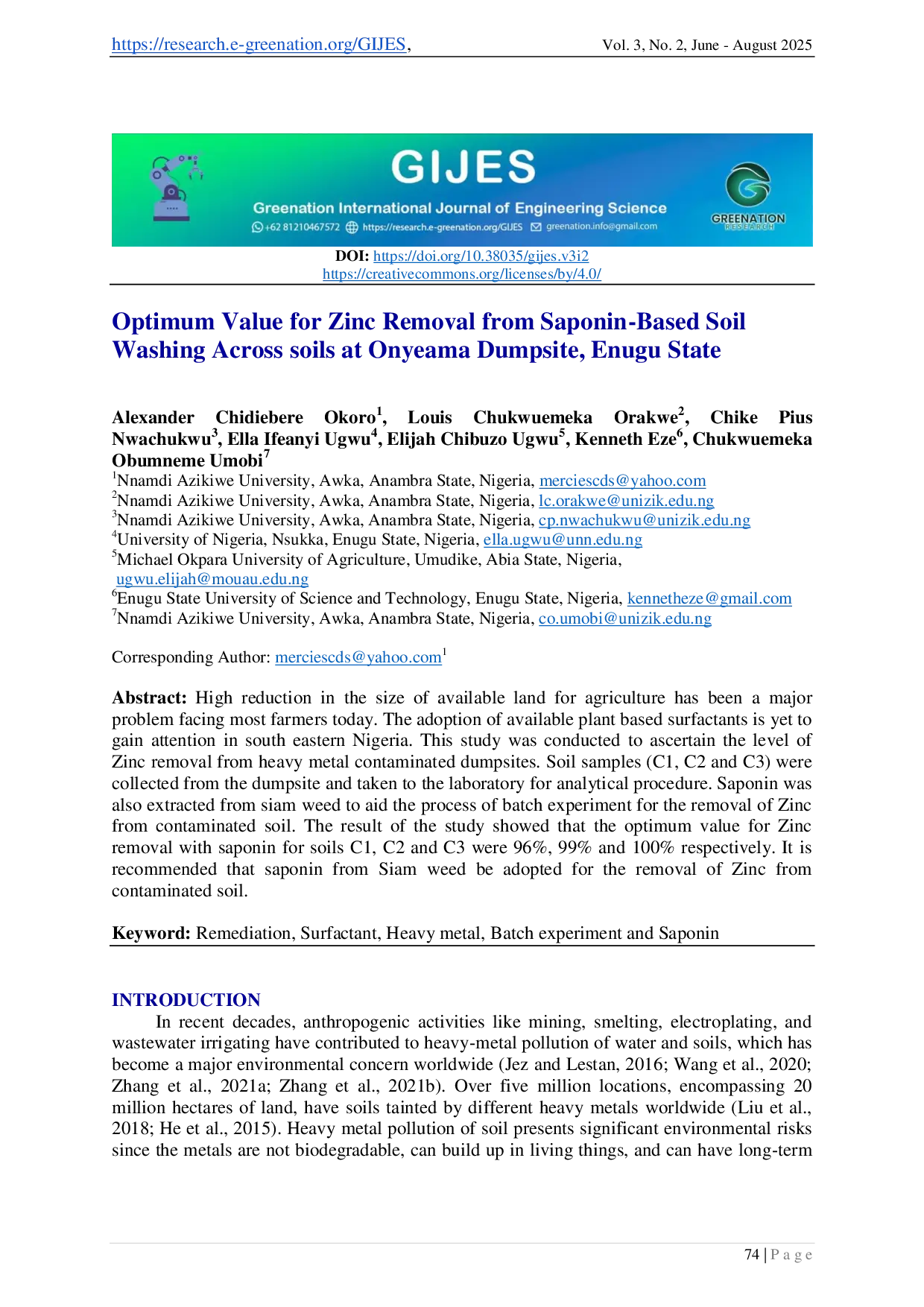 juris Optimum Value for Zinc Removal from Saponin Based Soil Washing Across soils at Onyeama Dumpsite Enugu State