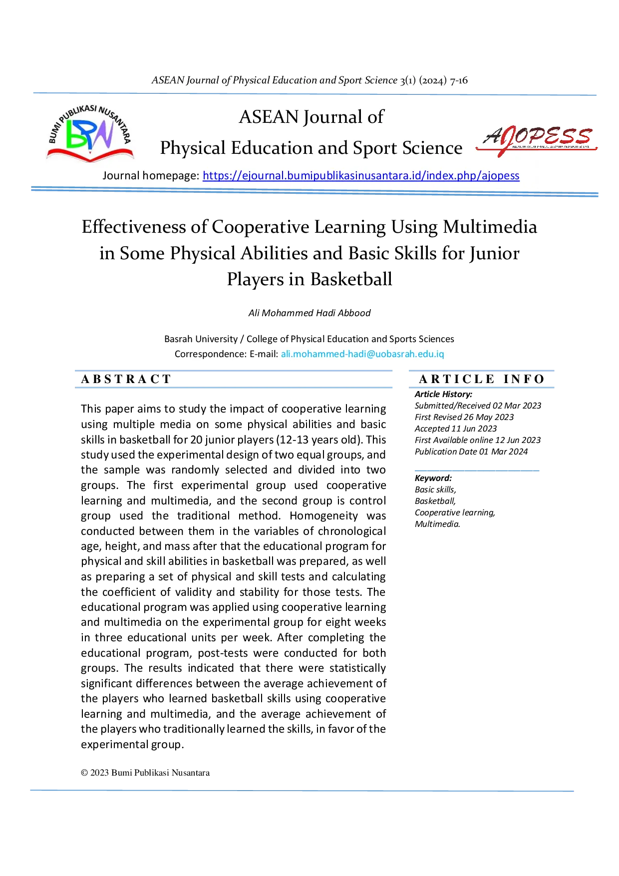 JURIS Effectiveness of Cooperative Learning Using Multimedia in Some Physical Abilities and Basic Skills for Junior Players in Basketball