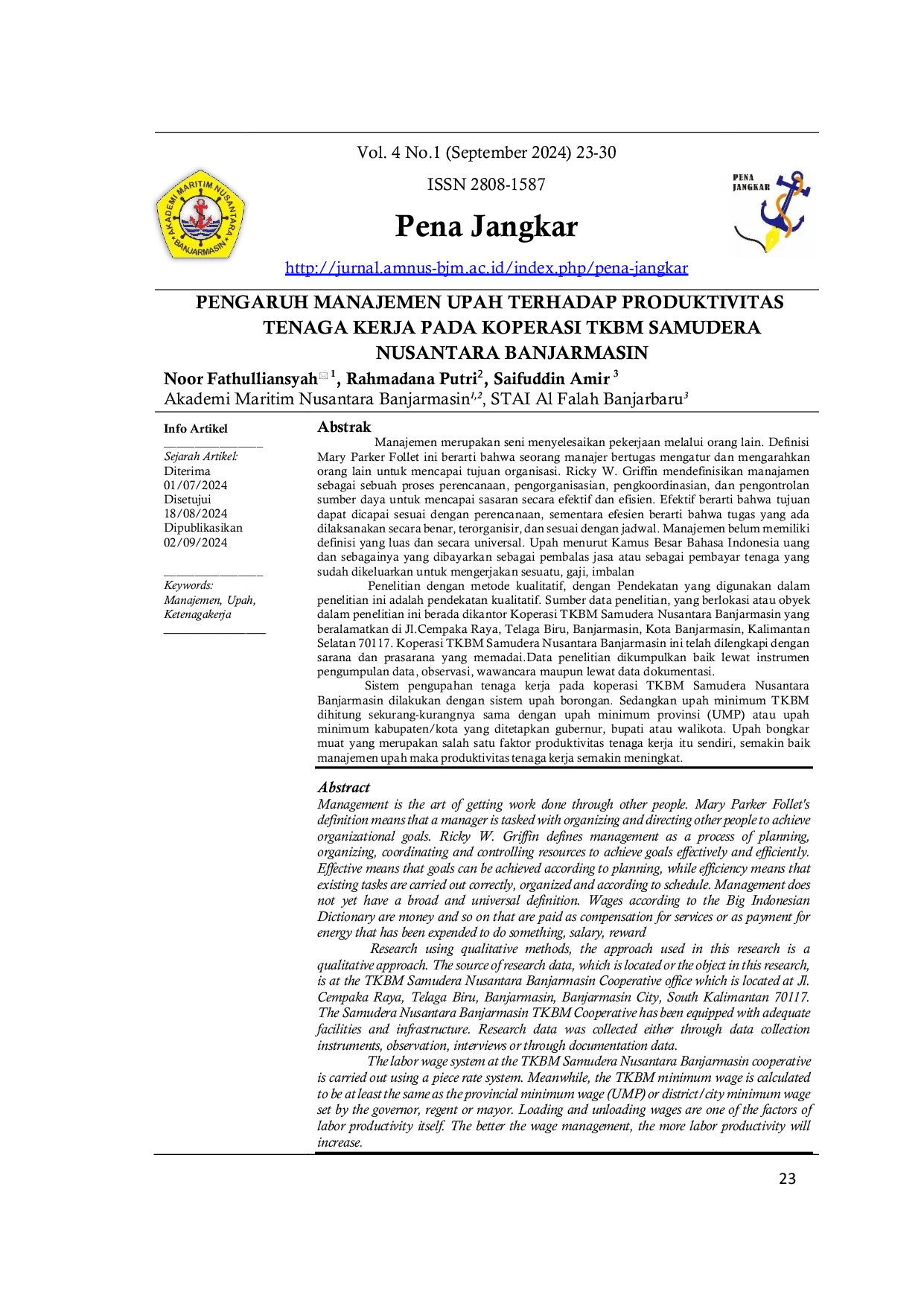 JURIS Pengaruh Manajemen Upah Terhadap Produktivitas Tenaga Kerja Pada Koperasi Tkbm Samudera Nusantara Banjarmasin