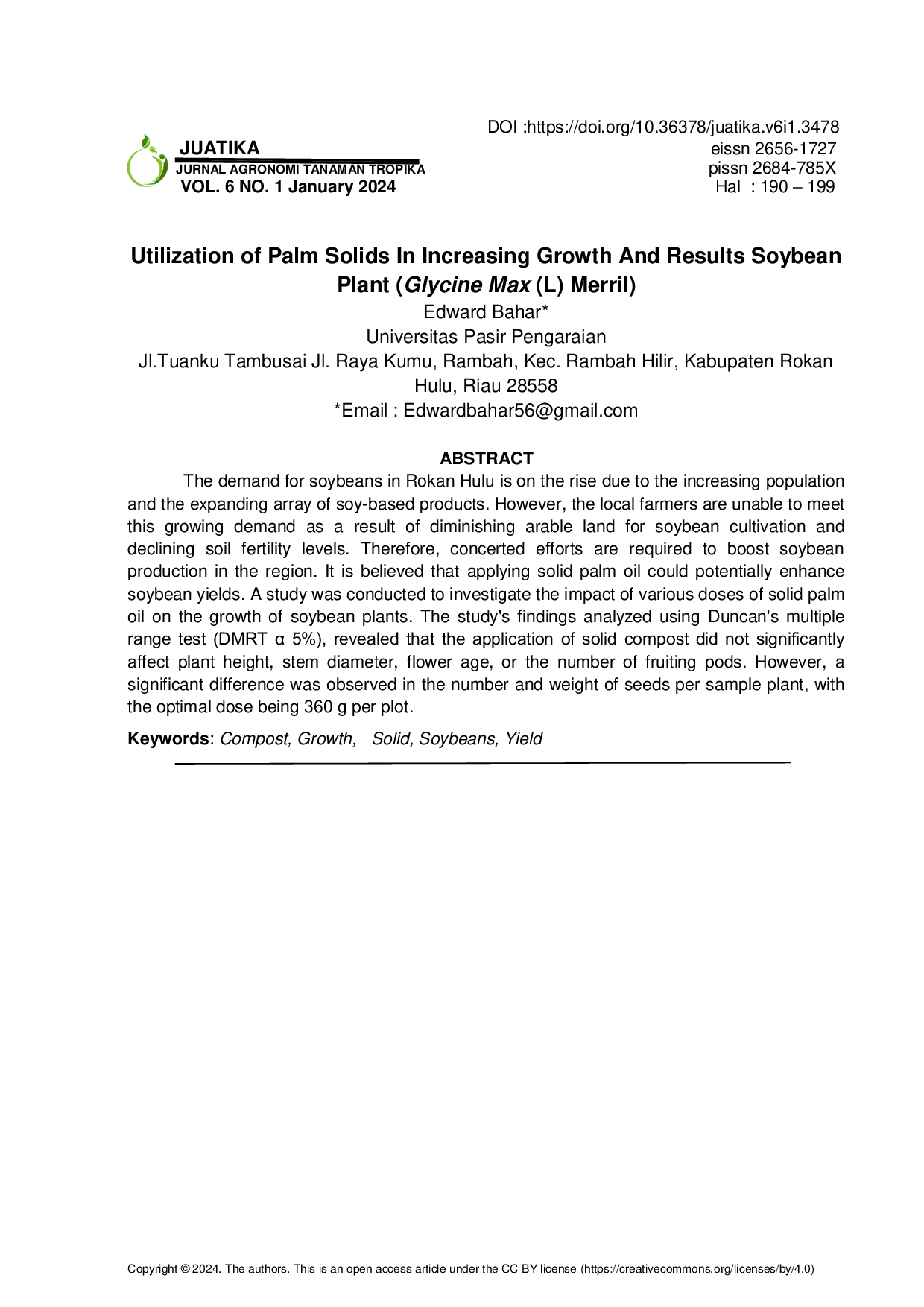 JURIS Utilization of Palm Solids in Increasing Growth and Results Soybean Plant Glycine Max L Merril