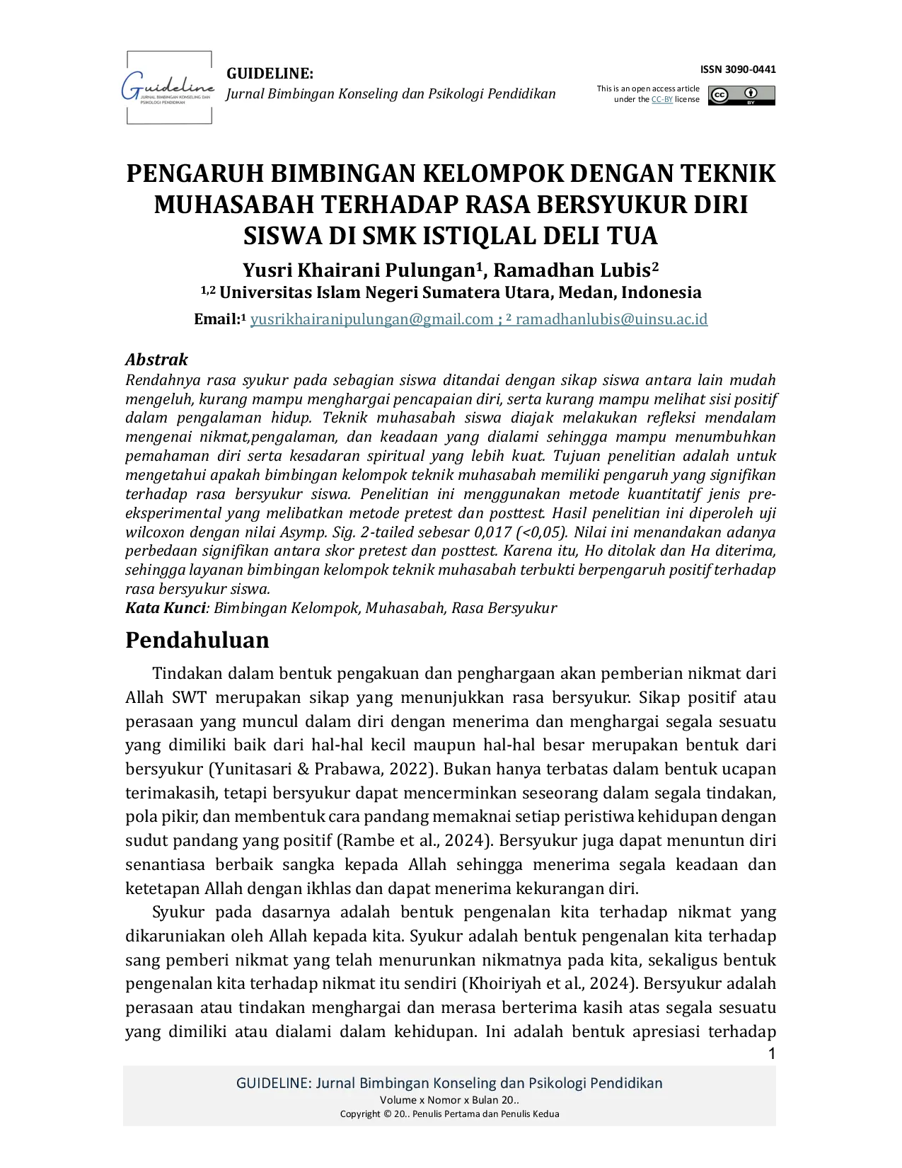 JURIS Pengaruh Bimbingan Kelompok Dengan Teknik Muhasabah Terhadap Rasa Bersyukur Diri Siswa Di SMK Istiqlal Deli Tua