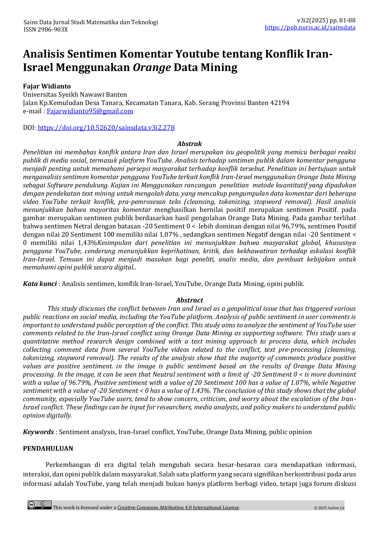JURIS Analisis Sentimen Komentar Youtube tentang Konflik Iran Israel Menggunakan Orange Data Mining