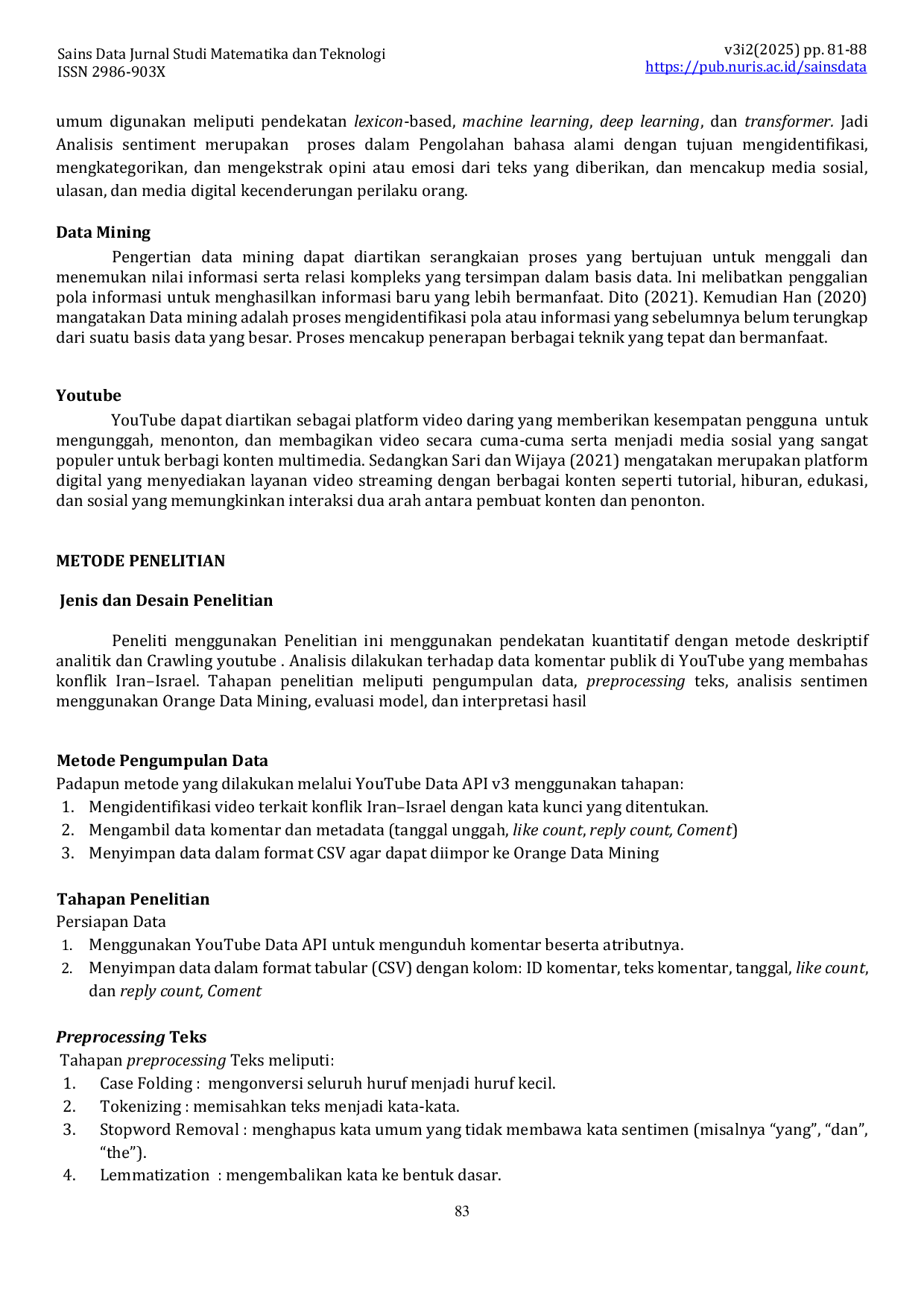 JURIS Analisis Sentimen Komentar Youtube tentang Konflik Iran Israel Menggunakan Orange Data Mining