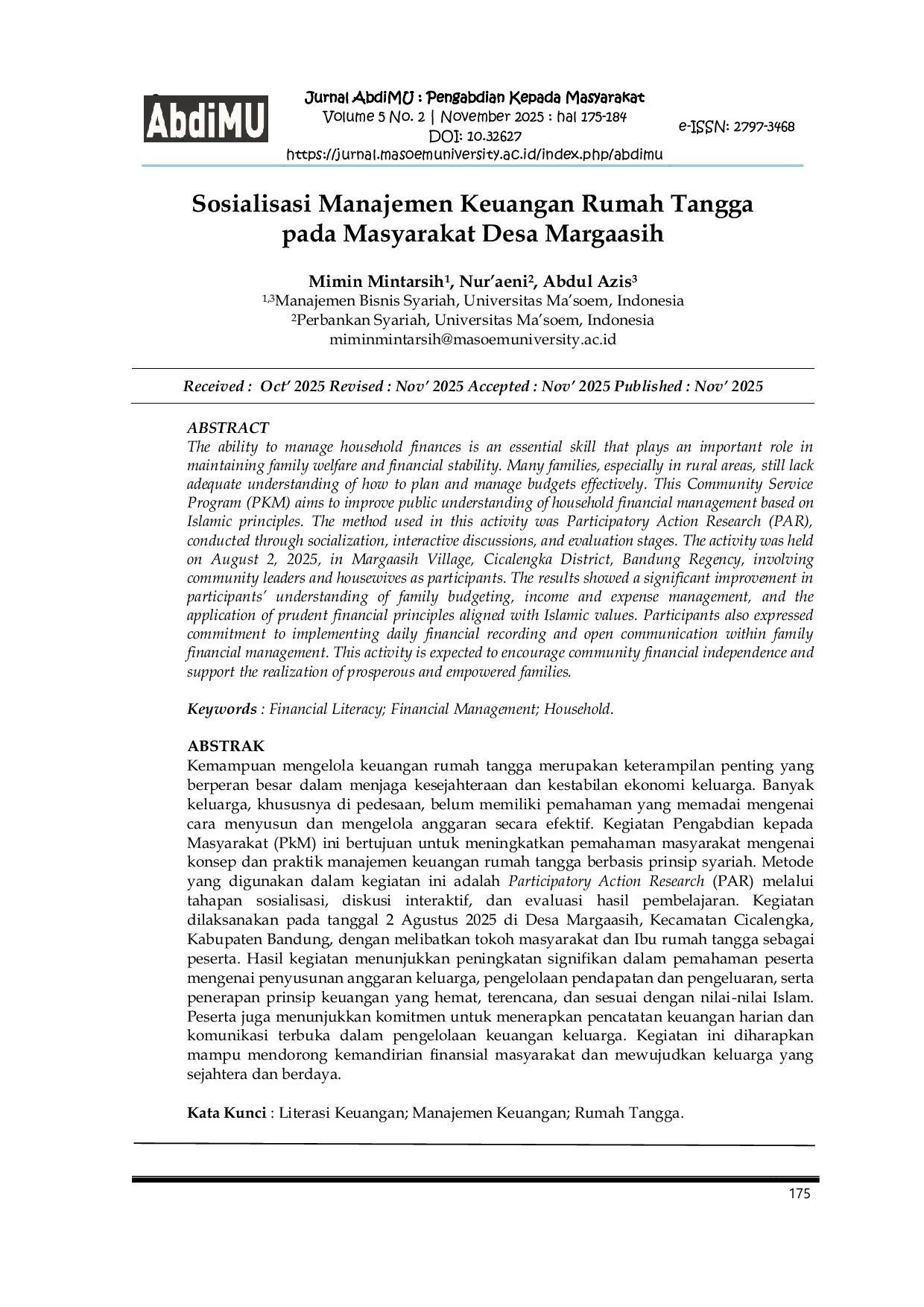 JURIS Sosialisasi Manajemen Keuangan Rumah Tangga pada Masyarakat Desa Margaasih