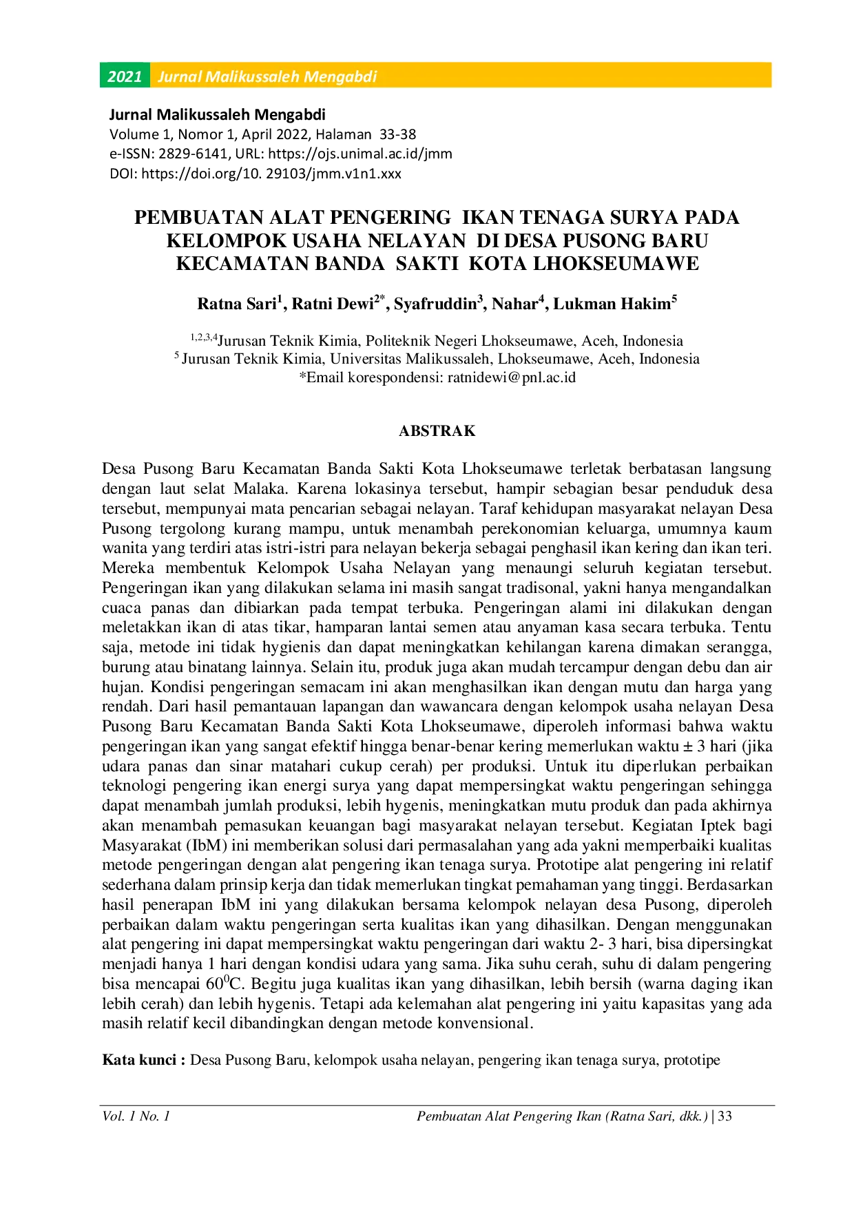 JURIS Pembuatan Alat Pengering Ikan Tenaga Surya Pada Kelompok Usaha Nelayan Di Desa Pusong Baru Kecamatan Banda Sakti Kota Lhokseumawe