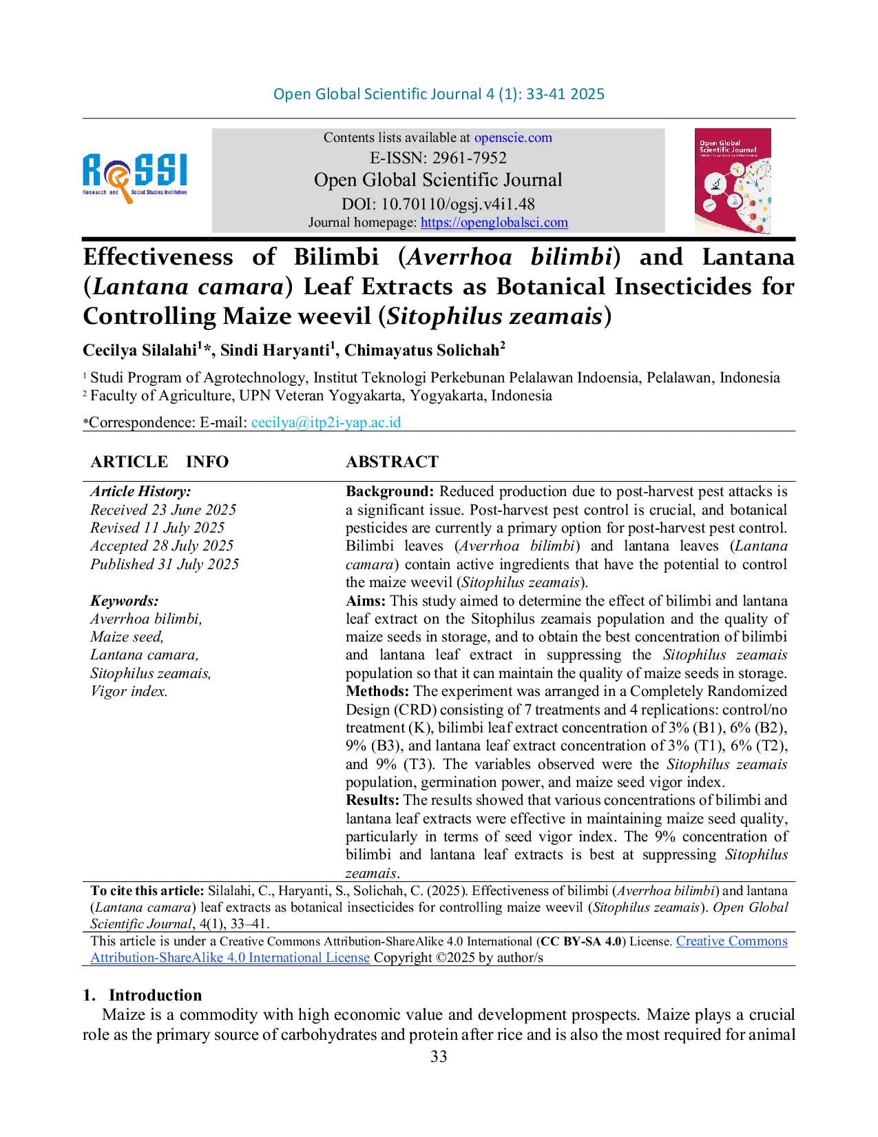 JURIS Effectiveness of Bilimbi Averrhoa bilimbi and Lantana Lantana camara Leaf Extracts as Botanical Insecticides for Controlling Maize weevil Sitophilus zeamais