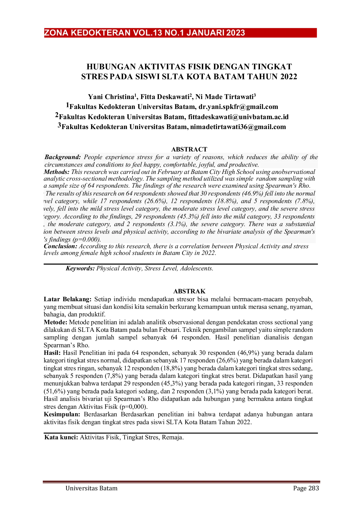 JURIS Hubungan Aktivitas Fisik dengan Tingkat Stres pada Siswi SLTA Kota Batam Tahun 2022