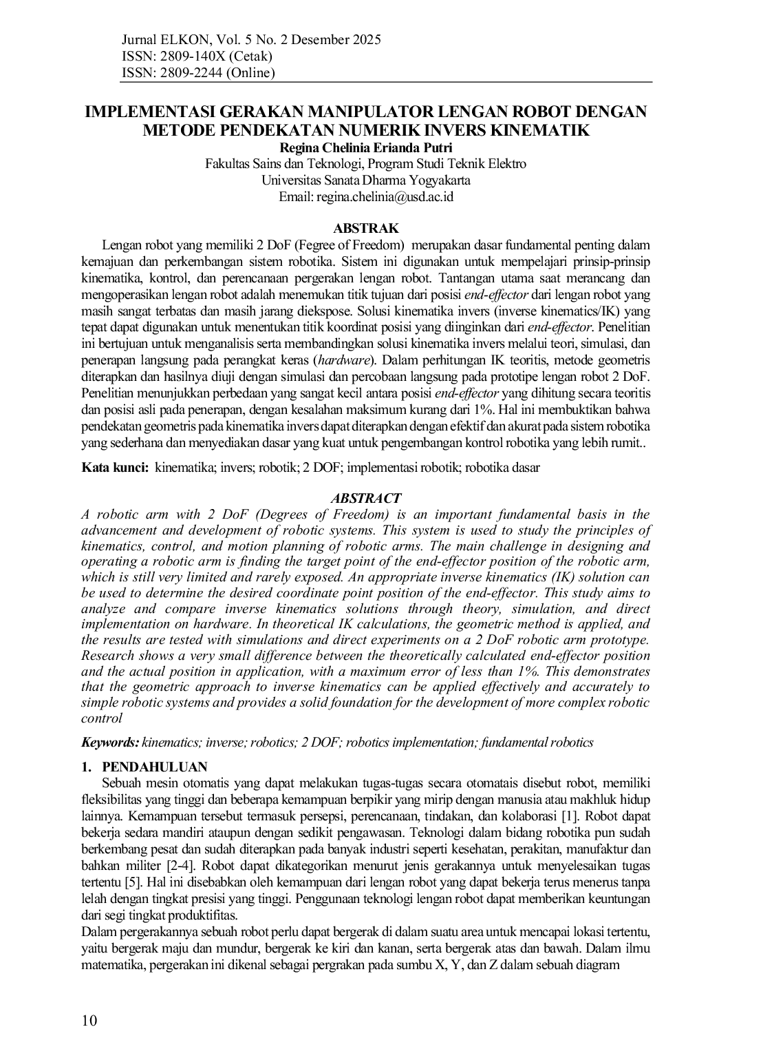 JURIS Implementasi Gerak Manipulator Lengan Robot Dengan Metode Pendekatan Numerik Invers Kinematik