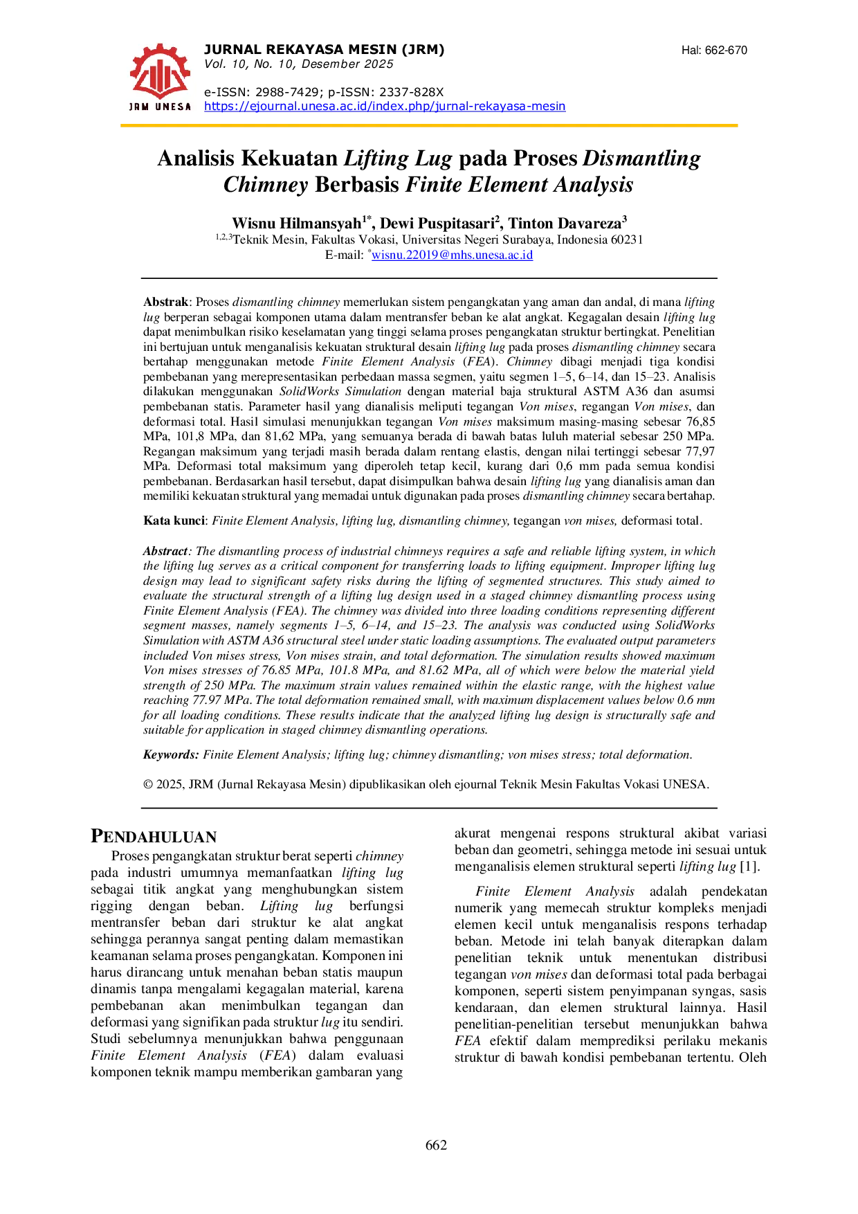 JURIS Analisis Kekuatan Lifting Lug pada Proses Dismantling Chimney Berbasis Finite Element Analysis
