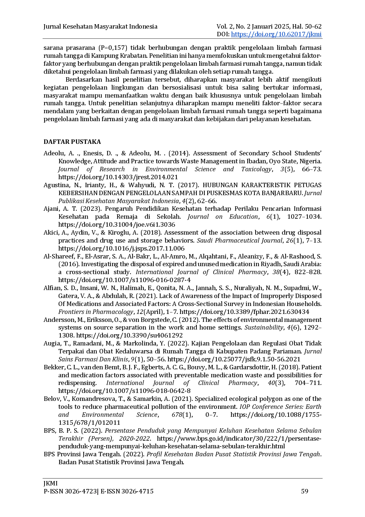 juris Faktor Yang Mempengaruhi Praktik Pengelolaan Limbah Farmasi Rumah Tangga Di Kampung Krabatan