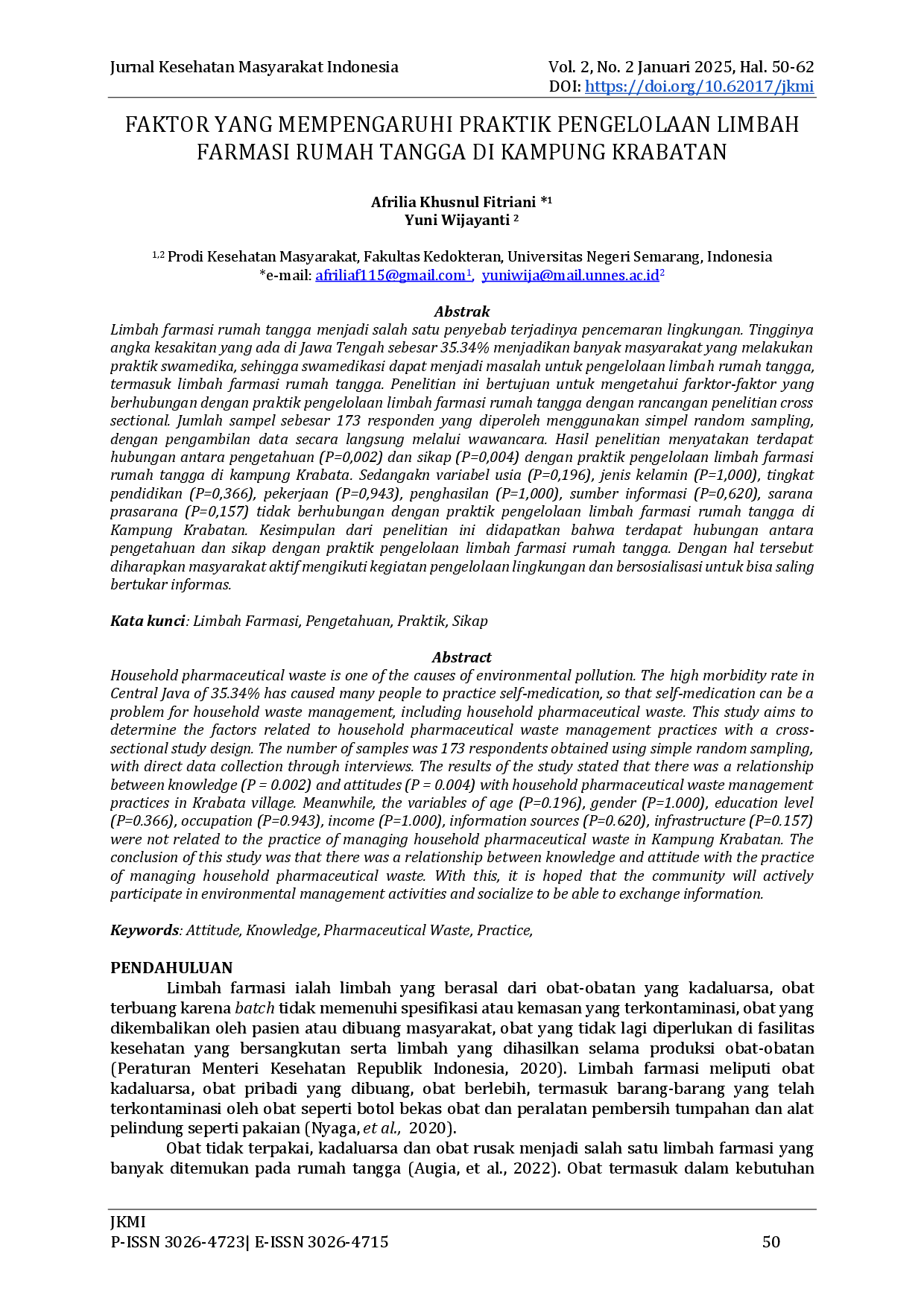 juris Faktor Yang Mempengaruhi Praktik Pengelolaan Limbah Farmasi Rumah Tangga Di Kampung Krabatan