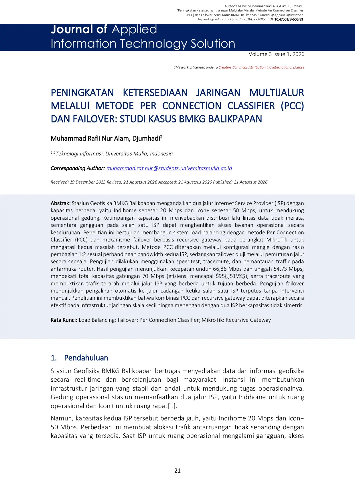JURIS Peningkatan Ketersediaan Jaringan Multijalur Melalui Metode Per Connection Classifier PCC dan Failover Studi Kasus BMKG Balikpapan