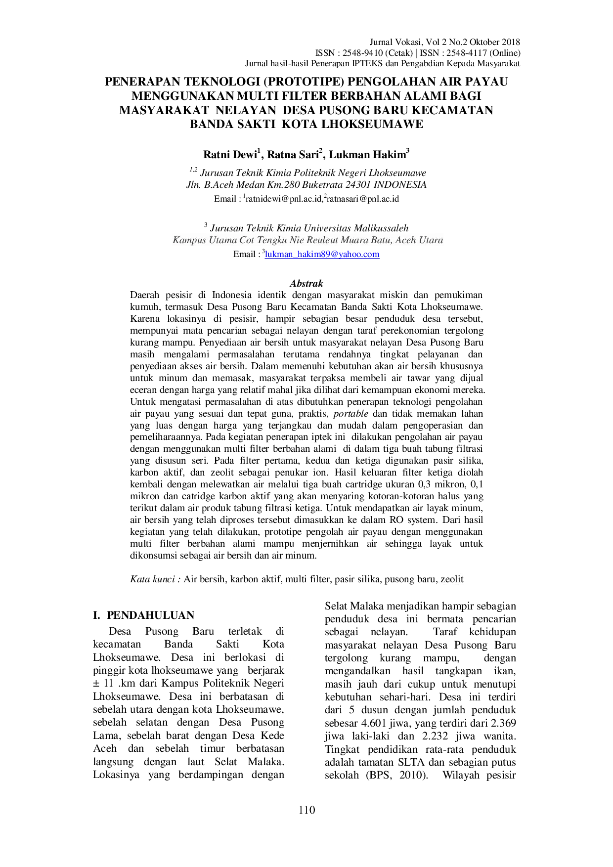 JURIS Penerapan Teknologi Prototipe Pengolahan Air Payau Menggunakan Multi Filter Ber bahan Alami Bagi Masyarakat Nelayan Desa Pusong Baru Kecamatan Banda Sakti Kota Lhokseumawe