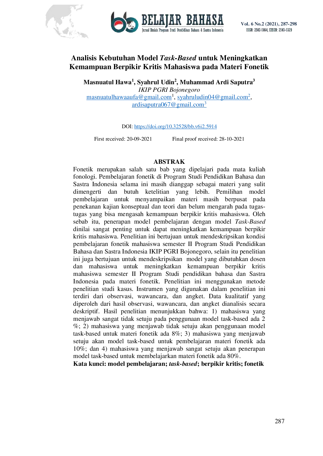 JURIS Analisis Kebutuhan Model Task Based untuk Meningkatkan Kemampuan Berpikir Kritis Mahasiswa pada Materi Fonetik