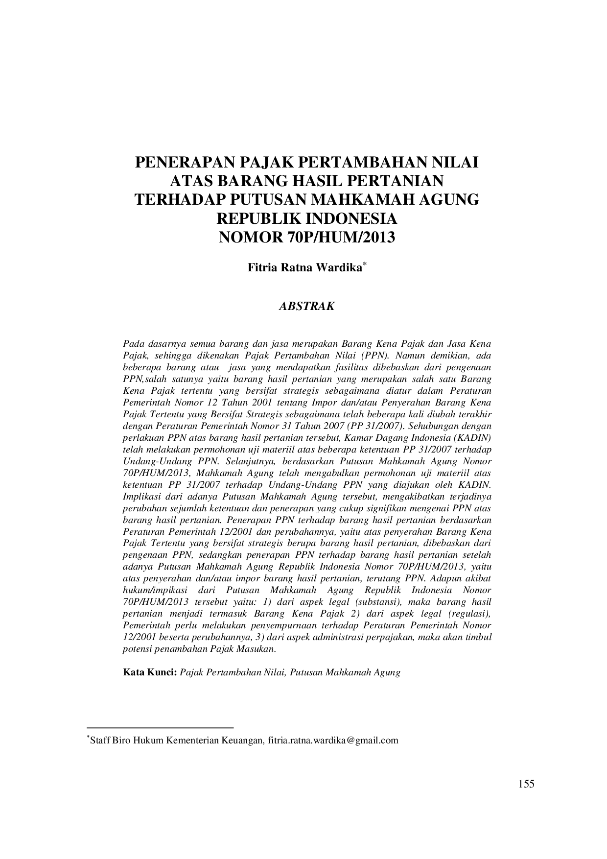 juris PENERAPAN PAJAK PERTAMBAHAN NILAI ATAS BARANG HASIL PERTANIAN TERHADAP PUTUSAN MAHKAMAH AGUNG REPUBLIK INDONESIA NOMOR 70P HUM 2013 Fitria Ratna Wardika