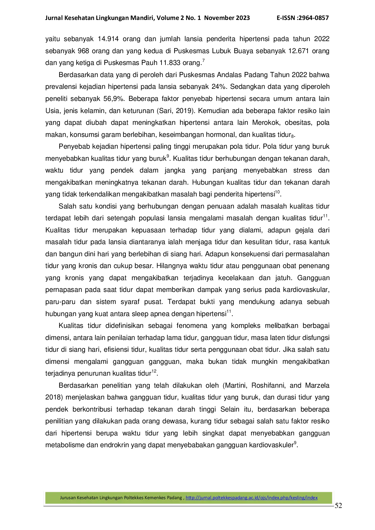 JURIS Hubungan Kualitas Tidur dengan Kejadian Hipertensi pada Lansia di Puskesmas Andalas Kota Padang