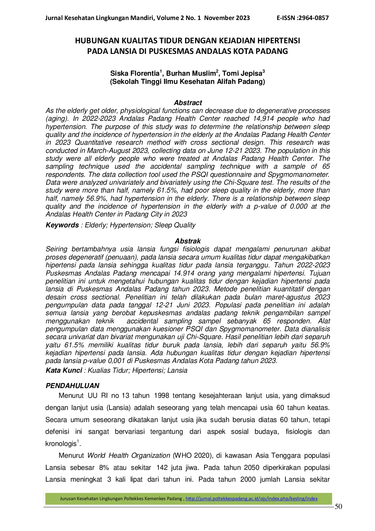 JURIS Hubungan Kualitas Tidur dengan Kejadian Hipertensi pada Lansia di Puskesmas Andalas Kota Padang