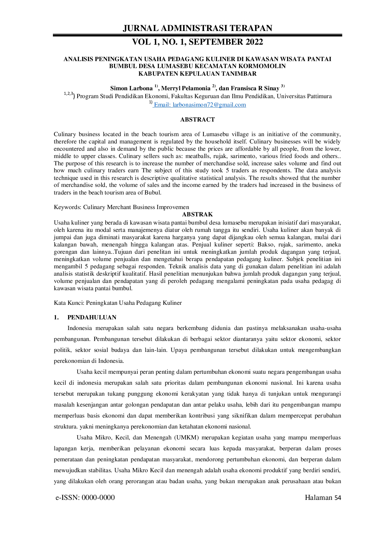 JURIS Analisis Peningkatan Usaha Pedagang Kuliner di Kawasan Wisata Pantai Bumbul Desa Lumasebu Kecamatan Kormomolin Kabupaten Kepulauan Tanimbar