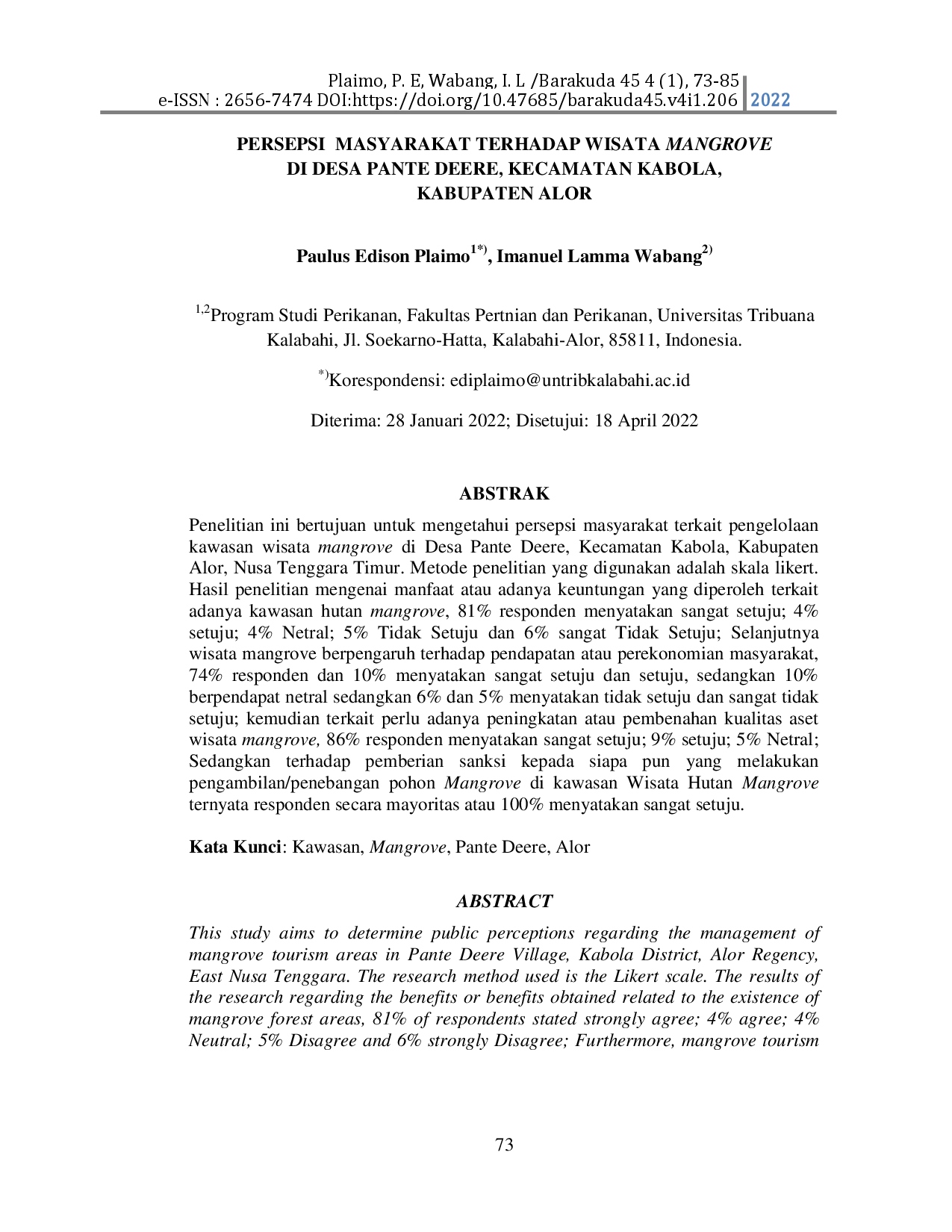 juris Persepsi Masyarakat Terhadap Wisata Mangrove di Desa Pante Deere Kecamatan Kabola Kabupaten Alor