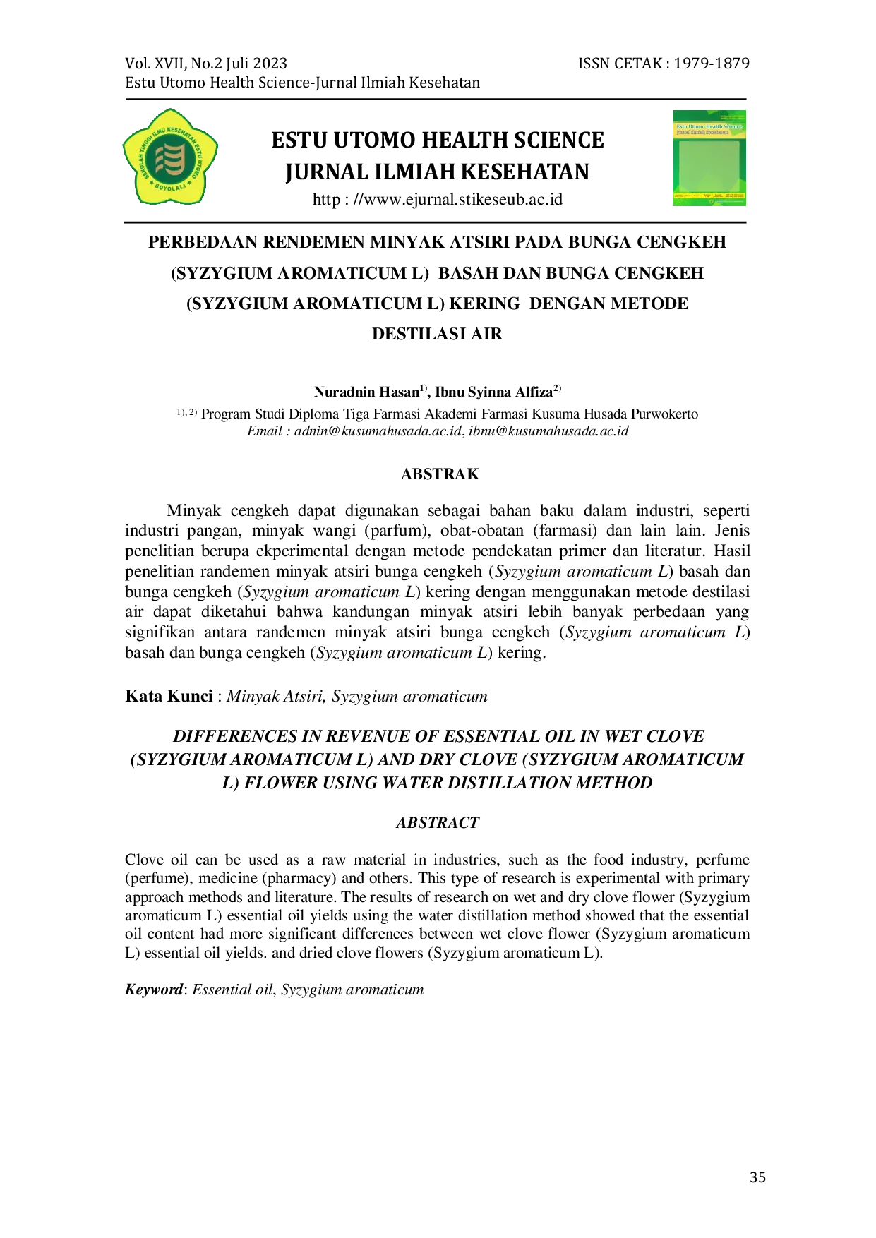 JURIS Perbedaan Rendemen Minyak Atsiri Pada Bunga Cengkeh Syzygium Aromaticum L Basah Dan Bunga Cengkeh Syzygium Aromaticum L Kering Dengan Metode Destilasi Air