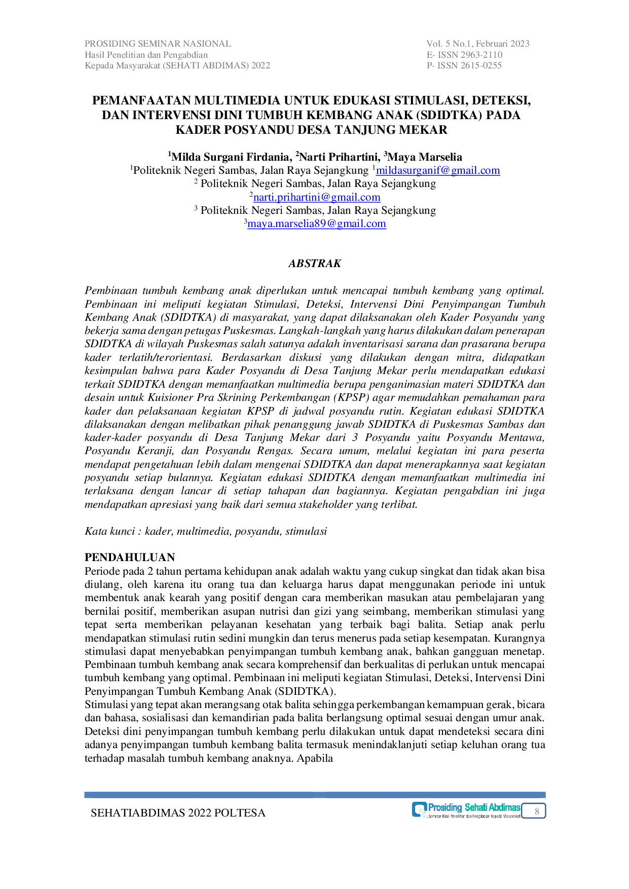 juris Pemanfaatan Multimedia untuk Edukasi Stimulasi Deteksi dan Intervensi Dini Tumbuh Kembang Anak SDIDTKA pada Kader Posyandu Desa Tanjung Mekar