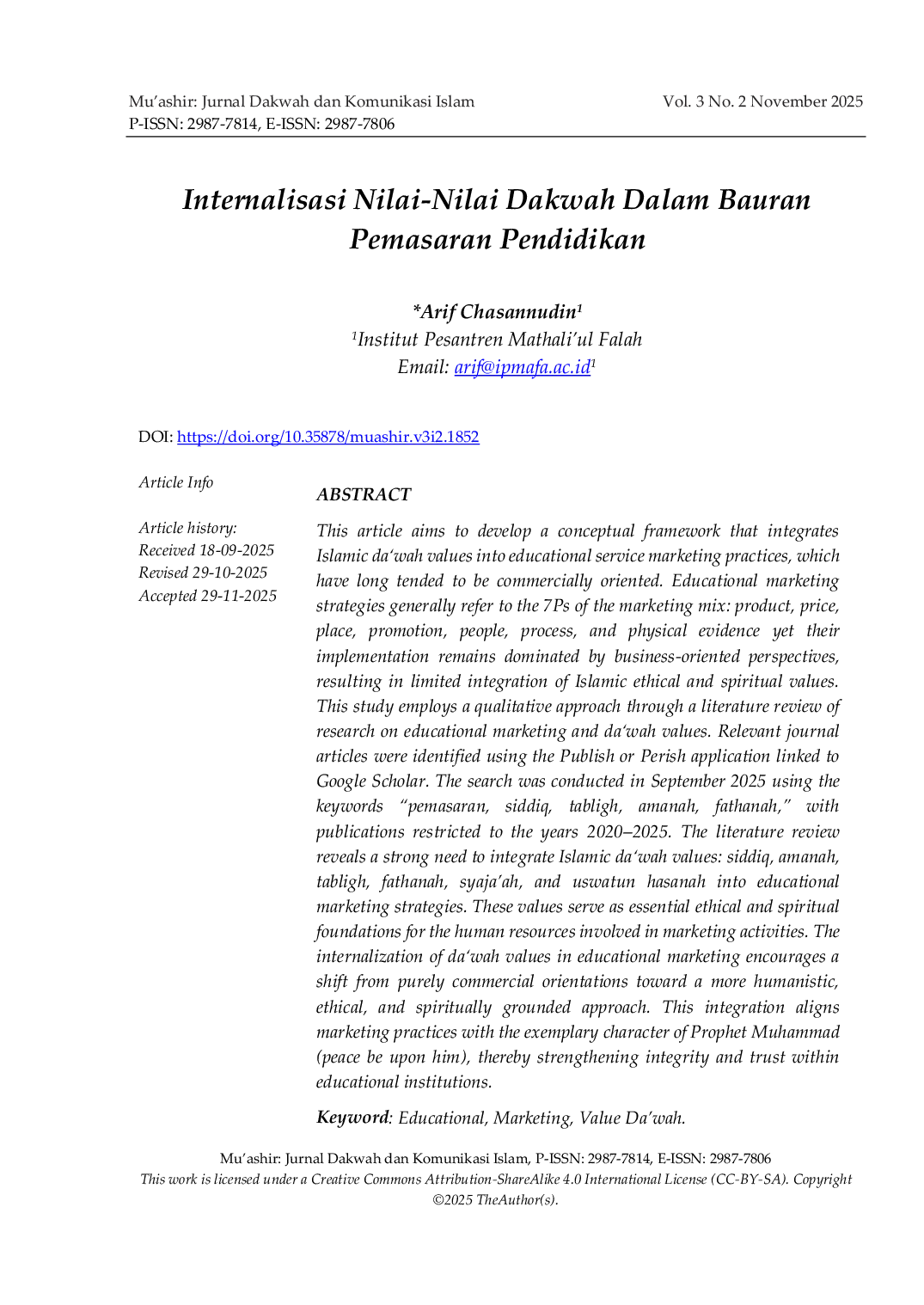 JURIS Internalisasi Nilai Nilai Dakwah dalam Bauran Pemasaran Pendidikan